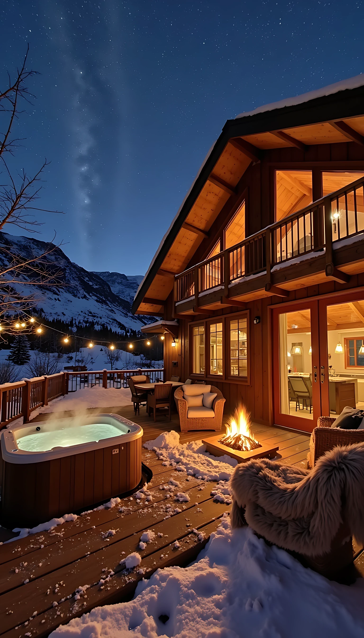 Ultra-realistic 8K photograph of a luxurious glass-walled Airbnb lodge, glowing warmly in the middle of a snowy mountain landscape at night. The cedar deck is dusted with fresh snow, surrounding a bubbling outdoor hot tub with steam rising into the crisp, cold air. Twinkling string lights and lanterns cast a soft golden glow across the snow, while a crackling fire pit flickers beside plush fur-draped chairs. Inside, a roaring stone fireplace illuminates the living space with rich amber light, revealing vaulted timber beams and floor-to-ceiling windows that frame snow-covered peaks under a star-filled sky. The scene is cozy, cinematic, and irresistibly inviting.
