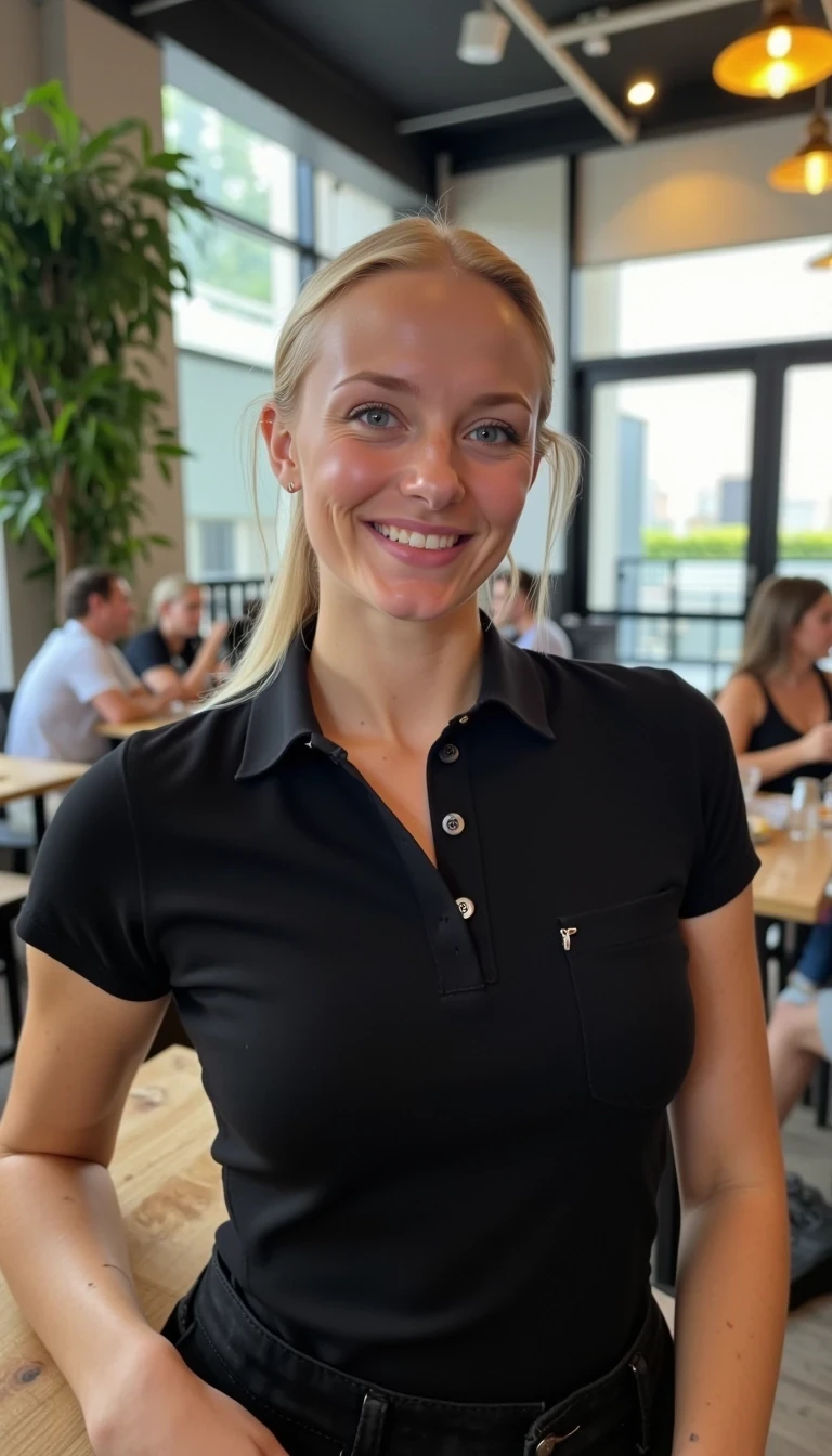 CSTMDL, Hailey, A photorealistic portrait of a young woman in her early 20s with fair porcelain skin, smooth complexion, subtle natural makeup with soft pink lips and light eyeliner, straight blonde hair tied back in a neat ponytail, bright blue eyes sparkling with warmth, friendly genuine smile revealing straight white teeth, confident and approachable demeanor, gazing directly at the viewer with engaging eye contact; she is wearing a fitted black short-sleeved polo shirt, tucked into slim black pants, no visible accessories; she isnt carrying anything. set in a modern upscale cafe interior with high ceilings, large floor-to-ceiling windows allowing soft diffused natural daylight to flood in from the right side, creating gentle highlights and soft shadows on her face and clothing, warm ambient hanging pendant lights with golden glow in the background; background details include a tall green potted plant with broad leaves to the left, patrons seated at wooden tables including a man in a beige shirt facing away, another in gray chatting, and a woman in a black tank top with long brown hair; dominant colors are neutral blacks and grays with pops of green foliage, warm wood tones; overall welcoming and lively casual dining atmosphere, evoking freshness and hospitality; composition is a medium close-up shot from a slight low angle to emphasize approachability, framed centrally with balanced symmetry, captured with a Canon EOS 5D Mark IV camera using a 50mm prime lens at f/2.8 aperture for shallow depth of field, ISO 100 for crisp details, natural window lighting supplemented by soft indoor LEDs at 4000K color temperature, hyper-realistic textures like the soft cotton weave of the polo shirt, and smooth skin pores; ultra-detailed, hyperrealism, photorealistic rendering indistinguishable from a high-resolution photograph, 8k resolution, sharp focus on the woman and plate with bokeh background.
