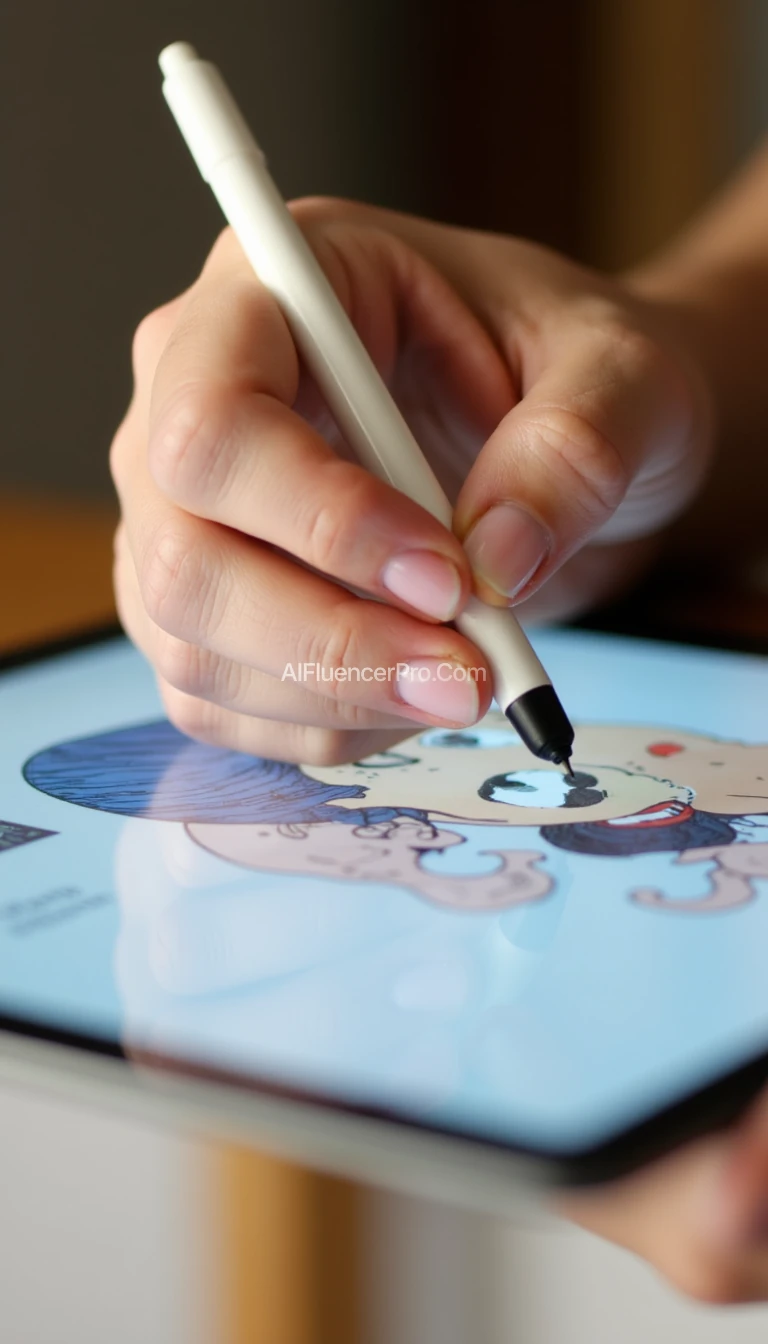 Close-up of a woman's hand with a neat and beautiful manicure using a tablet with a stylus drawing an illustration.