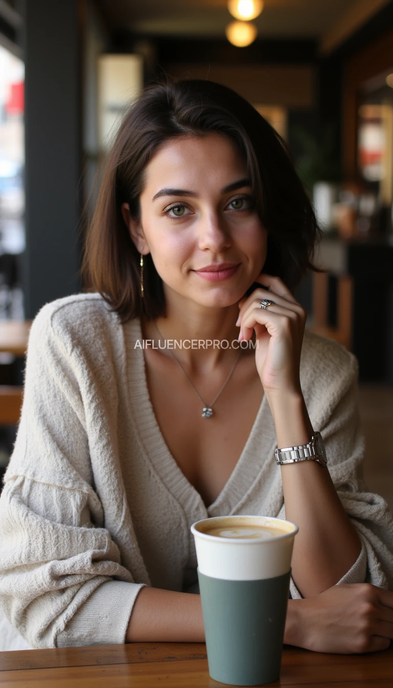 Instagram photo quality, full body young woman around 25 years old, half-Italian appearance, green eyes, very pale skin, very dark brown medium short hairstyle and shy smile. She wear casual luxury clothes and a beautiful Cartier watch. Inside a coffee shop with a cup of coffee next to you on your table.
