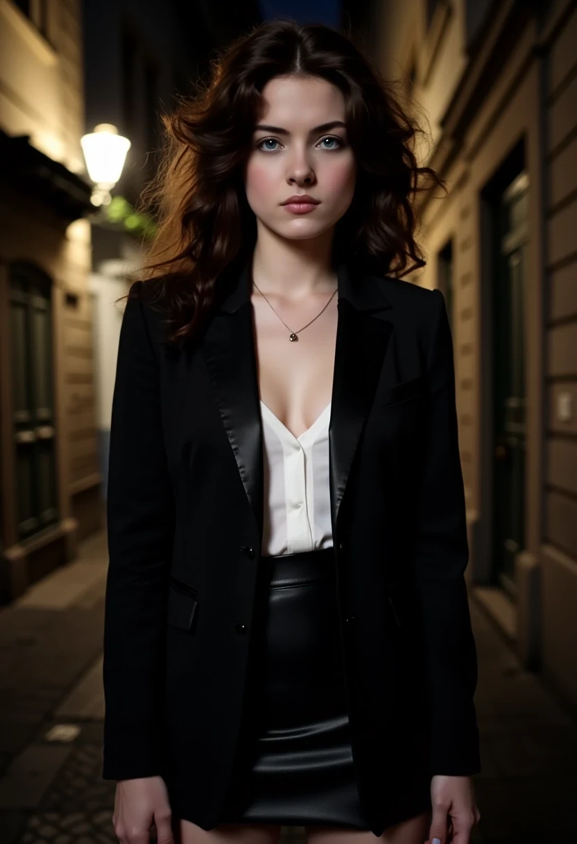 Woman CSTMDL, brunette, blue eyes, her hair are loose, she’s beautiful with a cold smile, wearing a tailored haute couture set, black blazer, white shirt and black mini skirt, elegant and modern, but very sexy. Her expression is haughty and contemptuous. She looks like someone cold and unfriendly. Her skin tone is very white, (pallid), almost cadaveric. She’s wearing a small pendant. The background is a small deserted Parisian alley by (night). The light is very low, making the scene a bit worrying and frightening.