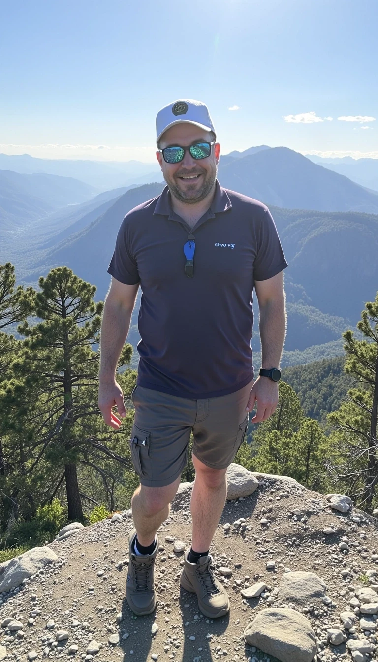 photo of a mid 40s man CSTMDL with a dad bod but in shape and strong in hiking attire at the summit of a small mountain