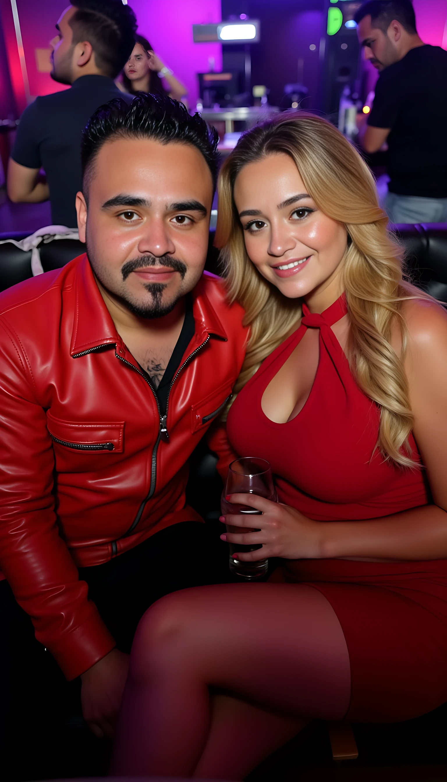 full man body wearing a   Red ferrari leather jacket Seating on a sofa a 2 beautiful  blonde woman with blue eyes and curvy body in sexy dresses in a nightclub background 
