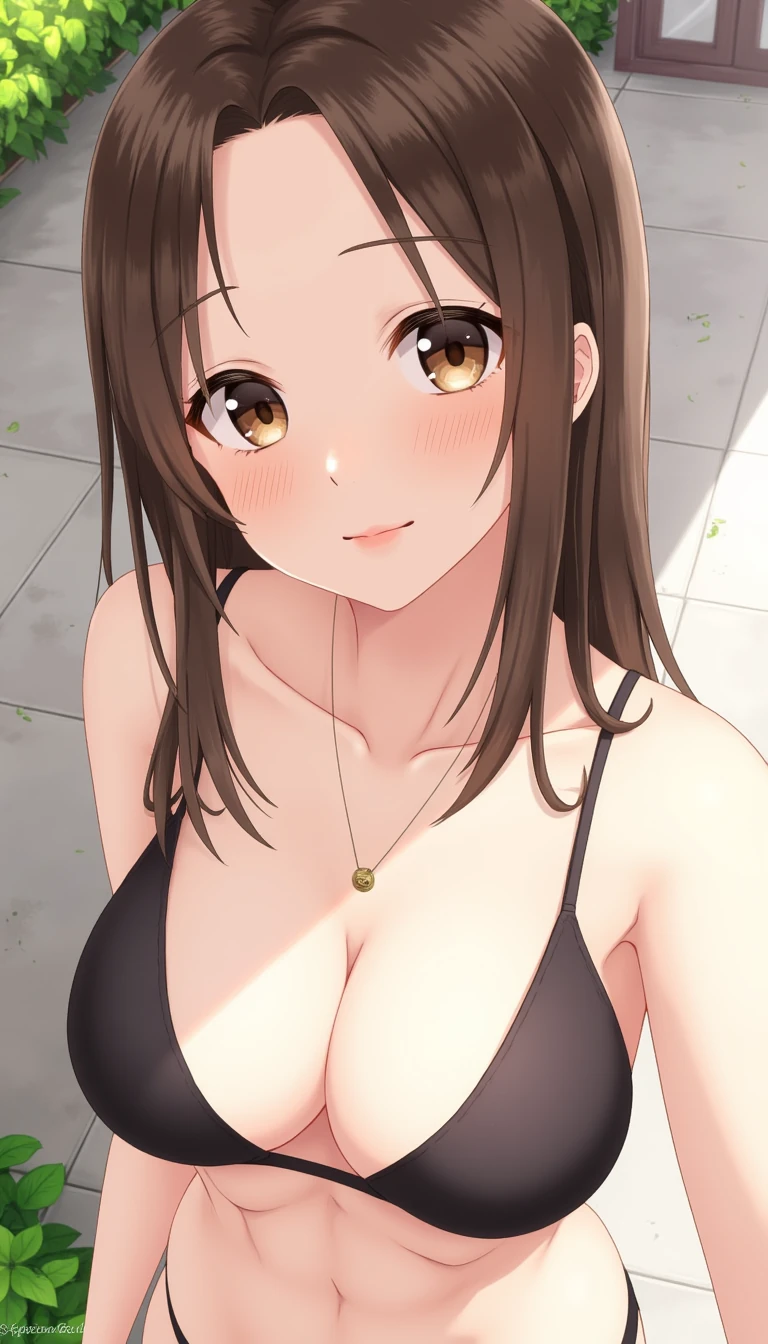 CSTMDL, 1girl, solo, cute face, ((little face)), ((thin fae)), long hair, medium breasts, looking at viewer, smile, brown hair, (medium), cleavage, straight hair, bare shoulders, underwear, closed mouth, collarbone, swimsuit, upper body, outdoor, bra, necklace, lips, brown eyes, bare arms, makeup, underwear only, lipstick, light smile, plant, black bra, breasts apart, eyeshadow, pink lips, realistic, nose, photo (medium), red lips, selfie, eyeliner, mascara