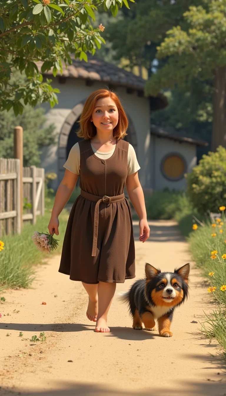 Pixar style animation, short curvy female hobbit, on a dirt road in the shire, smiling, rustic farm clothes, bare feet, holding flowers, black orange and white shaggy dog following her