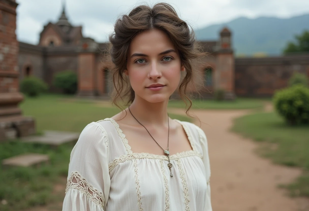 woman CSTMDL, brunette, blue eyes, cold smile, 1900 white clothes, small pendant, tied hair, big breast, medium shot, cambodian khmer ruins in background