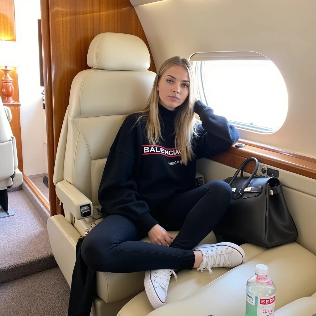 This is a photograph of a young woman seated in the back of a private plane. The woman has fair skin, straight, long soft blonde hair, and is wearing minimal makeup. She is dressed casually in a black turtleneck sweater with the text "BALENCIAGA" and in red and white, paired with black leggings and white Converse sneakers. Her legs are spread out, and she is sitting with her knees bent, one hand holding her hair back and the other on her knee.

The interior of the private plane is luxurious, with cream-colored leather seats and polished wood paneling. The window to her right is open, allowing natural light to flood the cabin, creating a bright and airy atmosphere. A Hermes Birkin is visible on the floor next to her, and there is a half-full Fiji water bottle on the table in front of her. The overall ambiance of the photo is relaxed and chic, capturing a moment of leisurely travel.