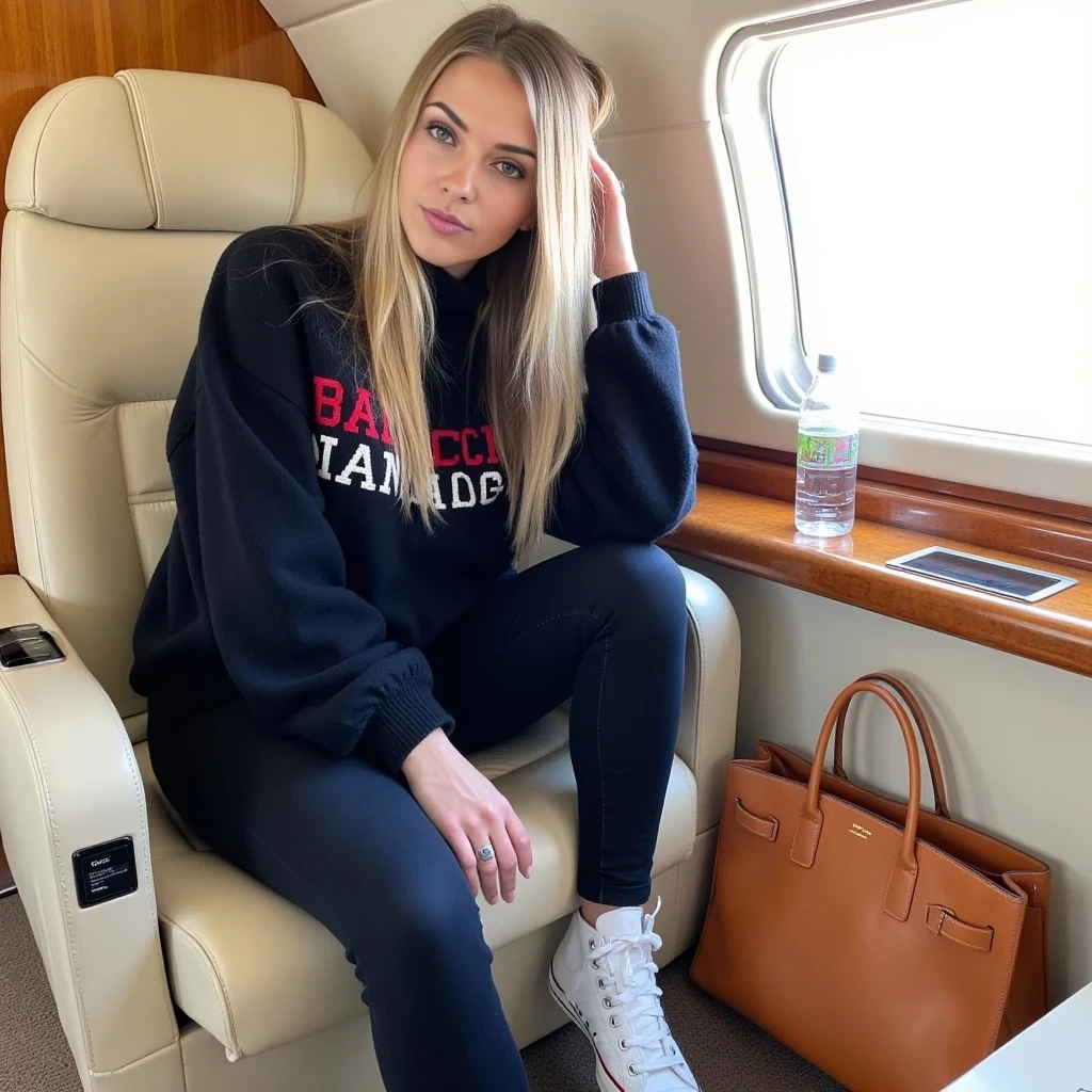 This is a photograph of a young woman seated in the back of a private plane. The woman has fair skin, straight, long soft blonde hair, and is wearing minimal makeup. She is dressed casually in a black turtleneck sweater with the text "BALENCIAGA" and in red and white, paired with black leggings and white Converse sneakers. Her legs are spread out, and she is sitting with her knees bent, one hand holding her hair back and the other on her knee.

The interior of the private plane is luxurious, with cream-colored leather seats and polished wood paneling. The window to her right is open, allowing natural light to flood the cabin, creating a bright and airy atmosphere. A Hermes Birkin is visible on the floor next to her, and there is a half-full Fiji water bottle on the table in front of her. The overall ambiance of the photo is relaxed and chic, capturing a moment of leisurely travel.