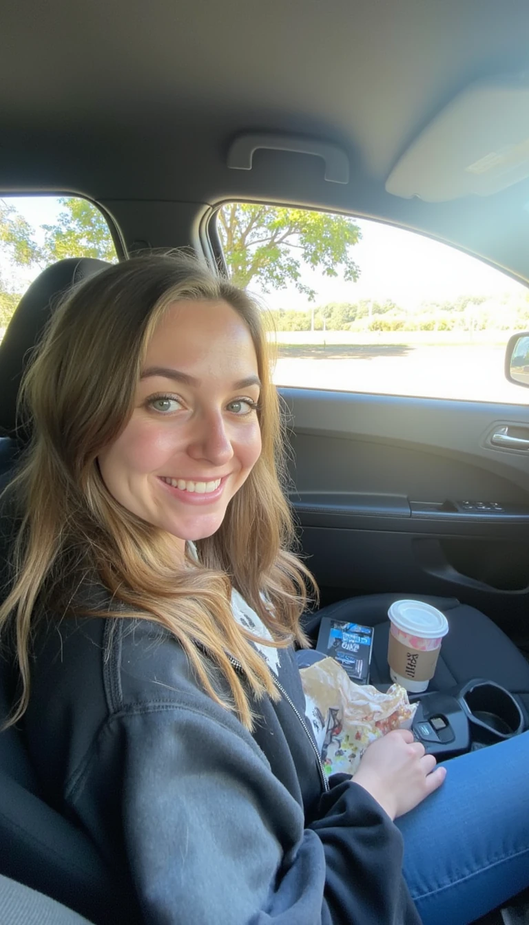 boring low quality snapchat photo circa 2015, A young woman with a warm smile, sitting in the driver's seat of a cozy car. She has soft, wavy brown hair cascading past her shoulders. The sunlight streams through the window, casting a gentle glow on her face. The interior of the car is neat and comfortable, with a coffee cup in the cup holder and a small plant on the dashboard. The background outside the window shows a scenic road lined with trees and blue skies