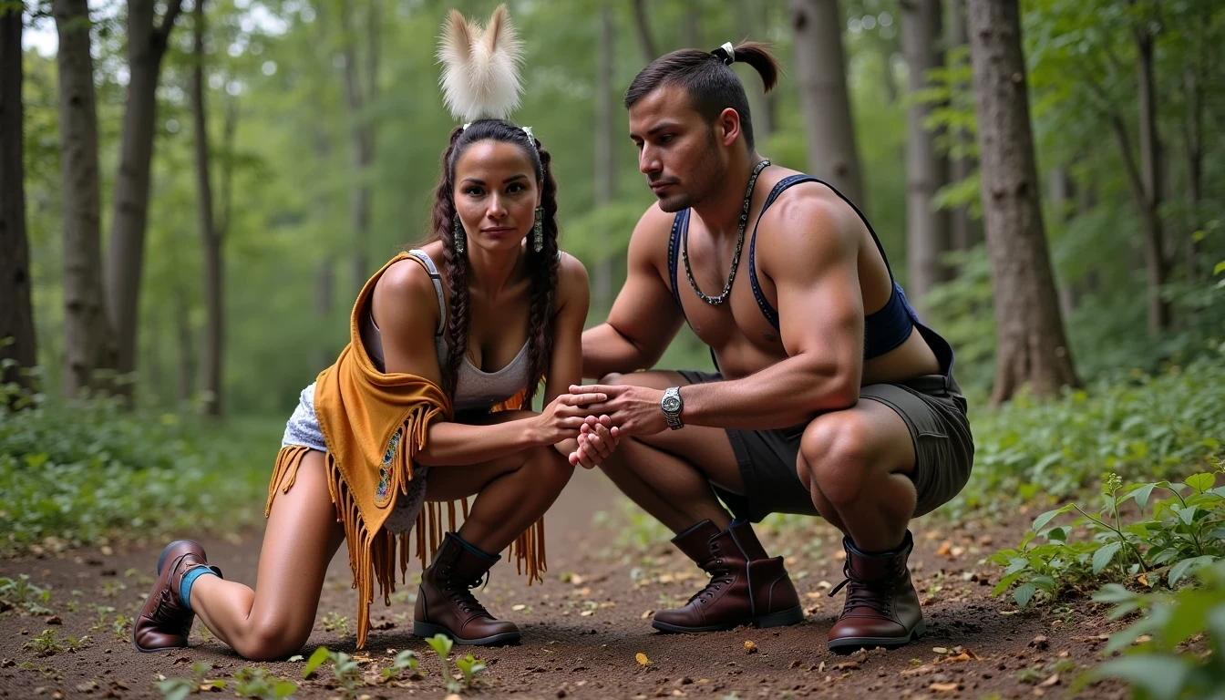 photo of woman CSTMDL, a medium shot photo of, a slim woman, her full body is in the scene, she has a slender petite build with petite small boobs and a flat chest, she has small dark skin nipples with long pointy nipple ducts and small dark skinned areolas, her hair is styled with two long braids she has eagle plumes in her hair, she is not wearing earrings, she is wearing daisy duke denim booty shorts, she is wearing a native American style vest in a golden yellow color over top of her underwear, she is holding her vest open exposing her strapless bra, her bra is a strapless white lace bra, she is wearing white lace panties, she is wearing ankle height smoked hide moccasins, natural lighting, natural light, amateur photography, shot on an iPhone, she is posing bent over on all fours tied up to a tree on the ground with her legs spread wide apart in a densely wooded forest next to a fat obese giant native American man, she is maintaining intense eye contact with the camera, a fat obese giant native American man is kneeling behind her directly beside her grabbing her booty, public setting, Hyper realism, 16k, uhd, ultra-sharp focus, perfect meshes and textures, highly detailed, highly accurate reflections, natural lighting, natural light, amateur photography,
