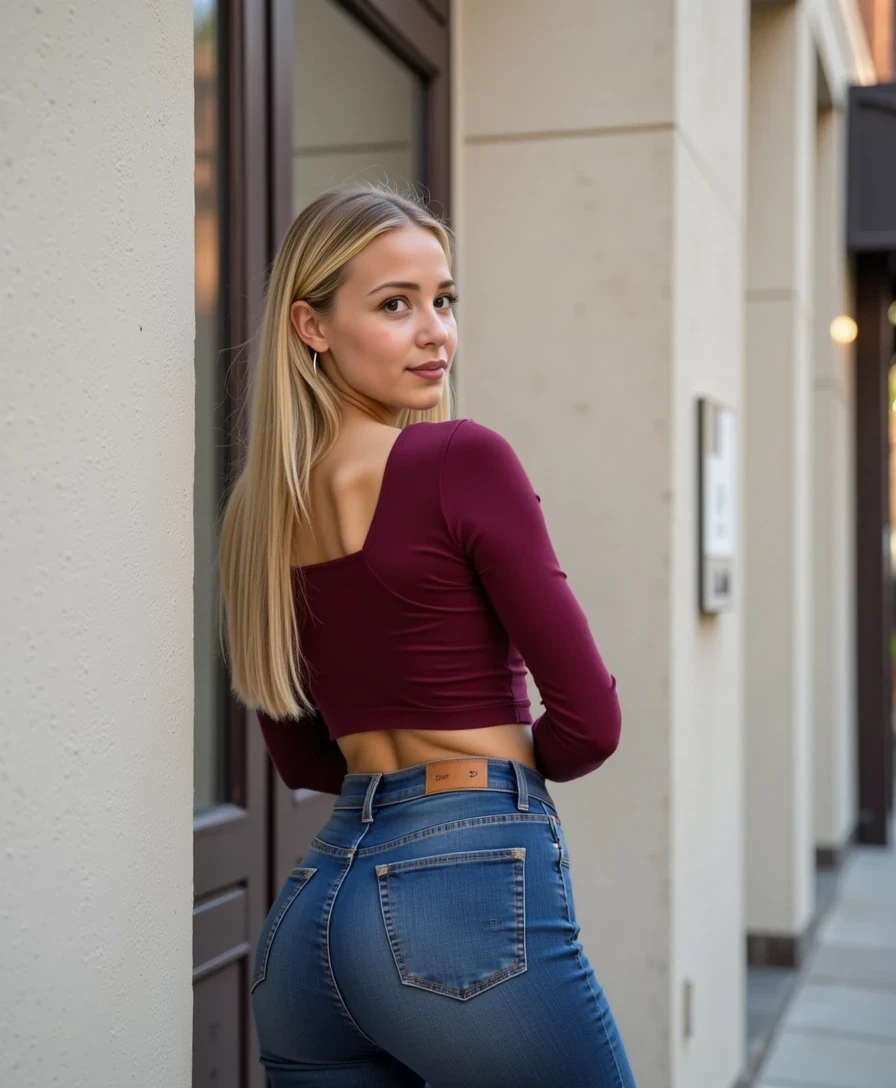The image is a photograph featuring a young Caucasian woman, CSTMDL, with long, straight blond hair. She leans against a simple wall in New York, clad in a fitted wine red crop top and skinny jeans, turning to show her fit profile with a sweet glance.
