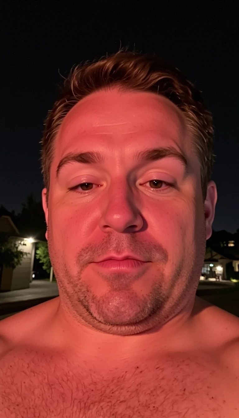 Late night close up iPhone selfie of a 40s man CSTMDL with dad bod. he does not have a double chin
