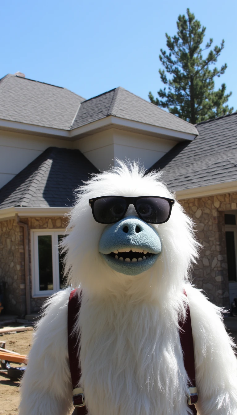 Yeti is with a local roofing company working on a roofing project. He is there talking about how they got such a great client from working with Wiseguys Digital marketing and increasing their google presence. It is a nice sunny day outside. The yeti is wearing sun glasses in front of the roofing project going on behind him
