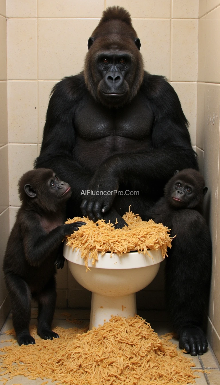 a gorilla on the toilet with his friends and they all have massive diarrhoea 