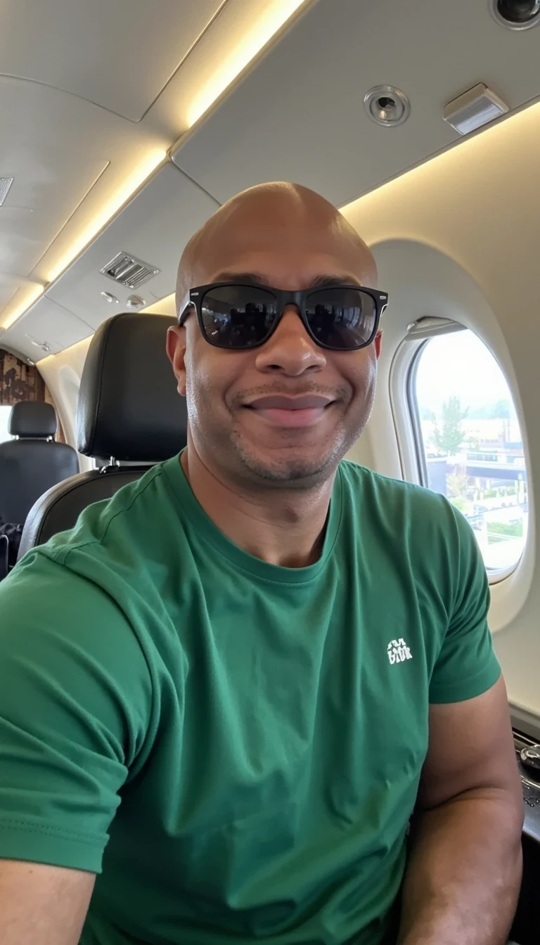 Reality filter , green t shirt, sunglasses,view of carter sitting in private jet, smiling and same face of Carter with bald head, real look, cstmdl