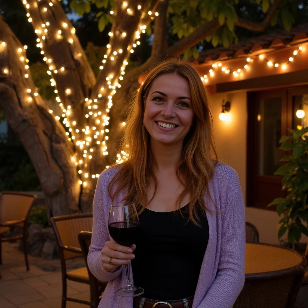 A full body shot photo of a woman standing outdoors at a cozy, warmly lit patio in the evening, with soft, glowing lights wrapped around a tree behind them creating a charming atmosphere. The image is rich in detail, with warm tones and clear textures throughout. The woman has fair skin, a slim build, and long reddish-blonde hair, also worn loose. She is smiling warmly at the camera, holding a glass of red wine in her right hand, and wears a soft-textured lavender cardigan over a black top. The background features a large tree with sparkling string lights wrapped around its trunk and branches, adding a magical touch to the scene. The setting suggests a private outdoor seating area, with elements like terracotta-tiled roofing, greenery, and rattan chairs contributing to a serene, inviting vibe. The overall composition is balanced, with the woman framed against the softly glowing tree, and the lighting enhances the warm, intimate feel of a quiet evening shared among friends. The details are vivid, with textures of clothing, skin, and background elements clearly visible, while the warm lighting creates a relaxed and joyful mood