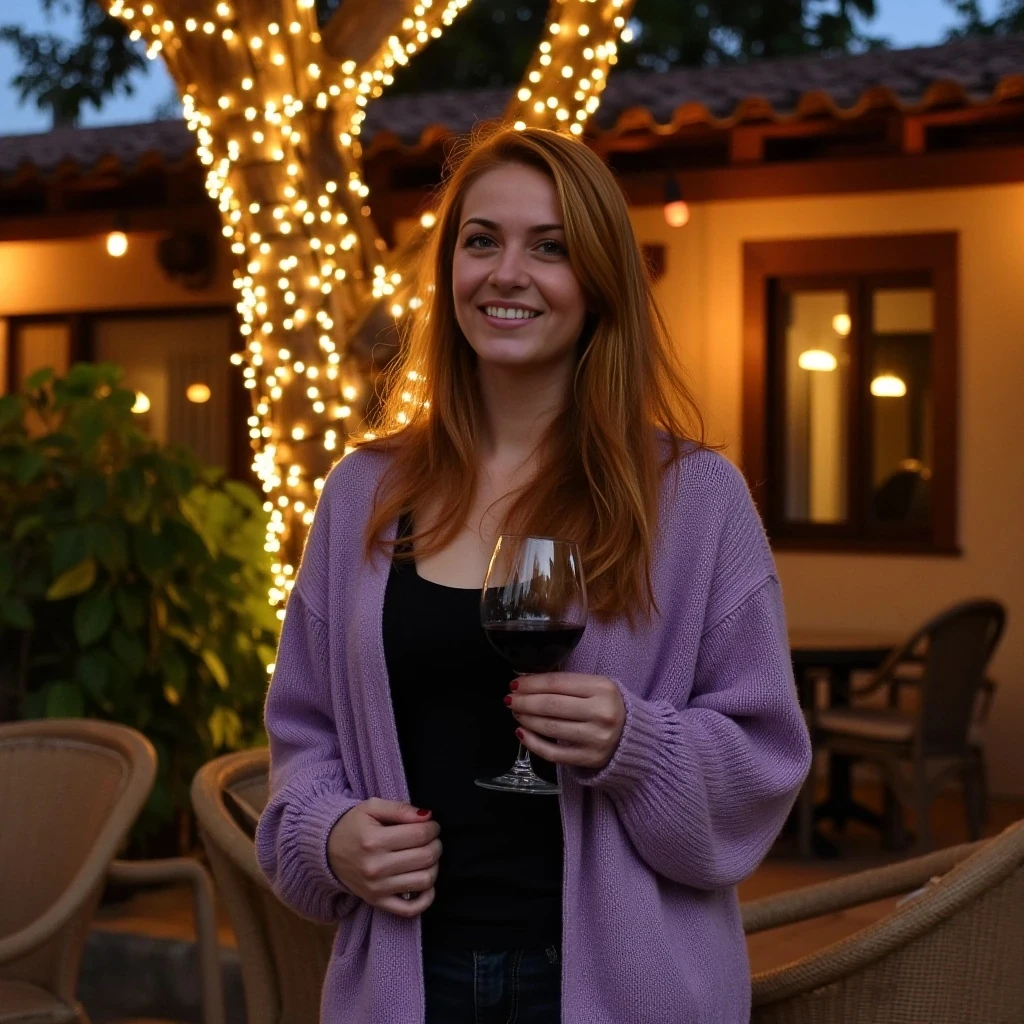 A full body shot photo of a woman standing outdoors at a cozy, warmly lit patio in the evening, with soft, glowing lights wrapped around a tree behind them creating a charming atmosphere. The image is rich in detail, with warm tones and clear textures throughout. The woman has fair skin, a slim build, and long reddish-blonde hair, also worn loose. She is smiling warmly at the camera, holding a glass of red wine in her right hand, and wears a soft-textured lavender cardigan over a black top. The background features a large tree with sparkling string lights wrapped around its trunk and branches, adding a magical touch to the scene. The setting suggests a private outdoor seating area, with elements like terracotta-tiled roofing, greenery, and rattan chairs contributing to a serene, inviting vibe. The overall composition is balanced, with the woman framed against the softly glowing tree, and the lighting enhances the warm, intimate feel of a quiet evening shared among friends. The details are vivid, with textures of clothing, skin, and background elements clearly visible, while the warm lighting creates a relaxed and joyful mood