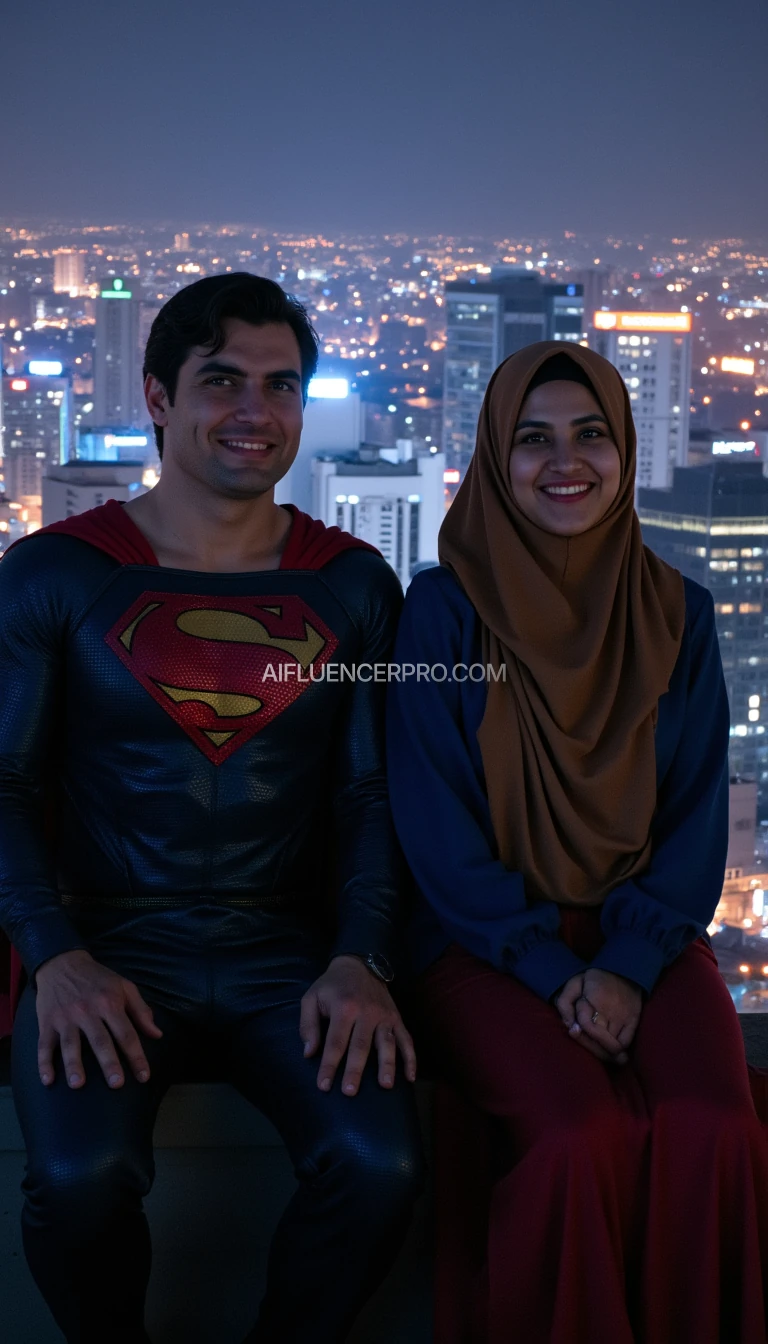 Superman and his girlfriend sit side by side at the edge of a tall building rooftop, overlooking a brightly lit city at night. She wears a hijab and a loose superhero costume, featuring a blue top with a red 'S' logo on the chest, a red cape billowing in the wind, and a matching hijab seamlessly integrated into the costume. The image is taken from the front (front view), close-up showing only the upper body down to the waist (waist-up). Both smile casually, sitting with their hands on their knees, with their bodies slightly leaning forward. Their expressions are cheerful and relaxed, creating a warm atmosphere. The background features a glowing cityscape, cinematic atmosphere, ultra-realistic, highly detailed, with soft lighting and vibrant color contrast