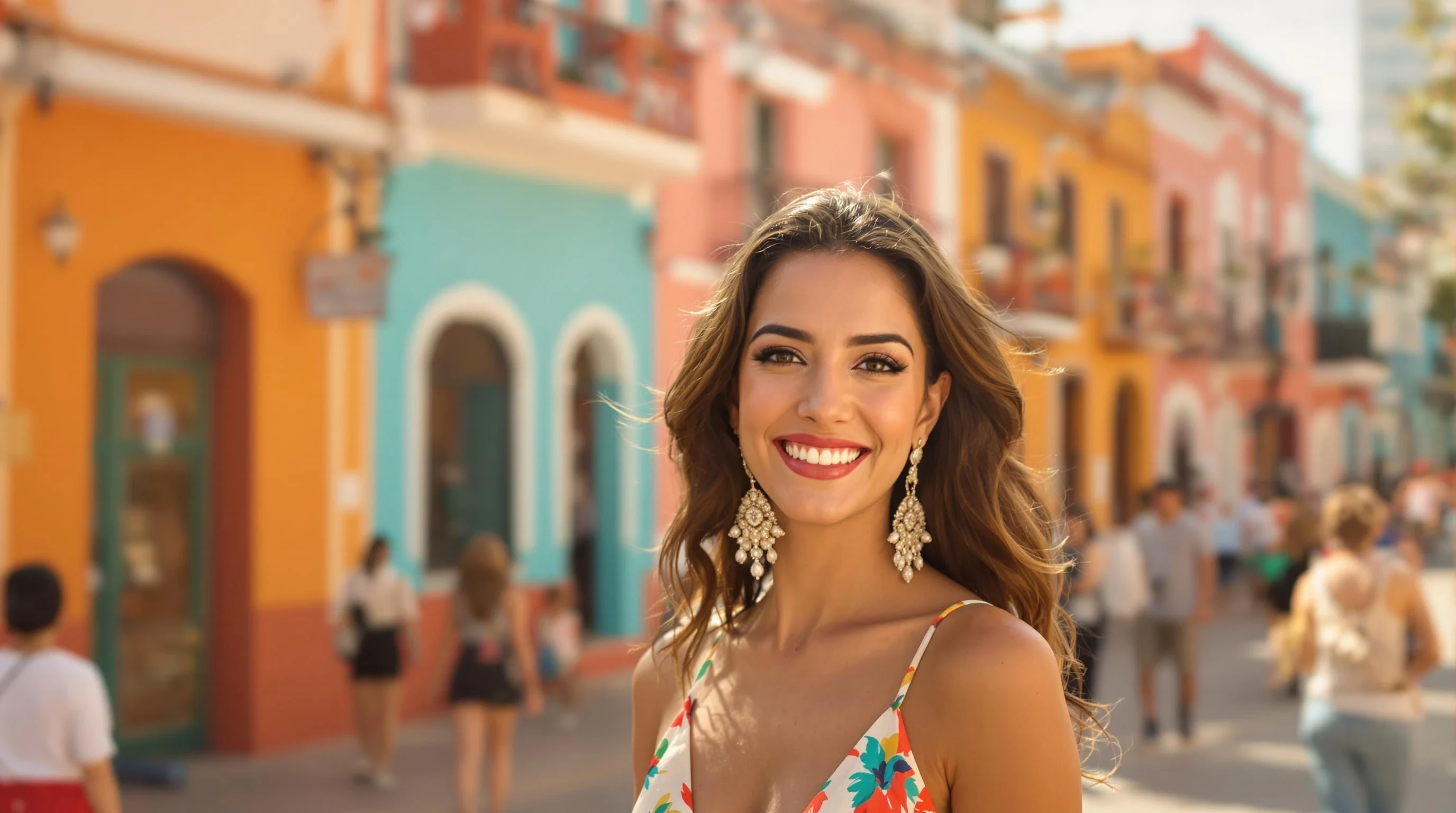 "A beautiful Latina woman smiling confidently in a warm, sunlit Latin American street. She wears stylish earrings and a flowing summer dress. In the background, a soft-focus scene of people and colorful colonial houses. Tropical atmosphere with warm tones, golden sunlight, vibrant colors like orange, turquoise, and coral. Cinematic depth, 4K ultra-realistic, photo-style image. Ideal for a reggaeton chill vibe."