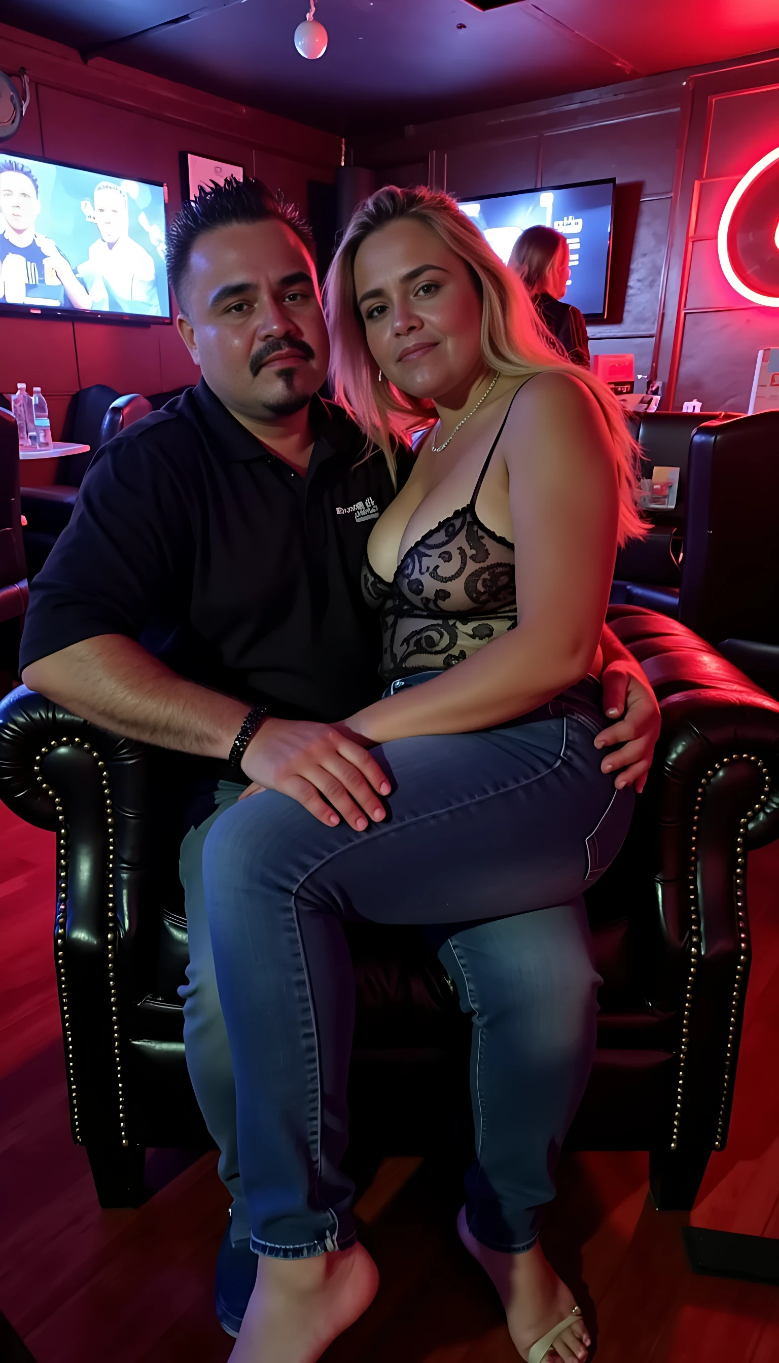 Man full average body seating on a king chair with a beautiful blonde woman with blue eyes wearing sexy jeans seating on his lab with a night club background 