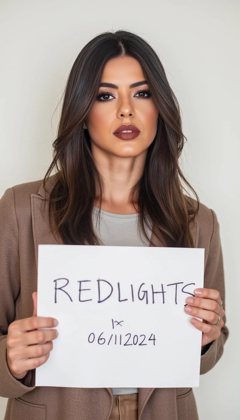 photo of woman CSTMDL, woman holds a sign with handwritten text. She is wearing long sleeves and has neutral makeup. The sign reads "REDLIGHTS" followed by "06/11/2024" in a simple script. The background is a plain, light-colored wall, providing a minimalist and uncluttered setting.