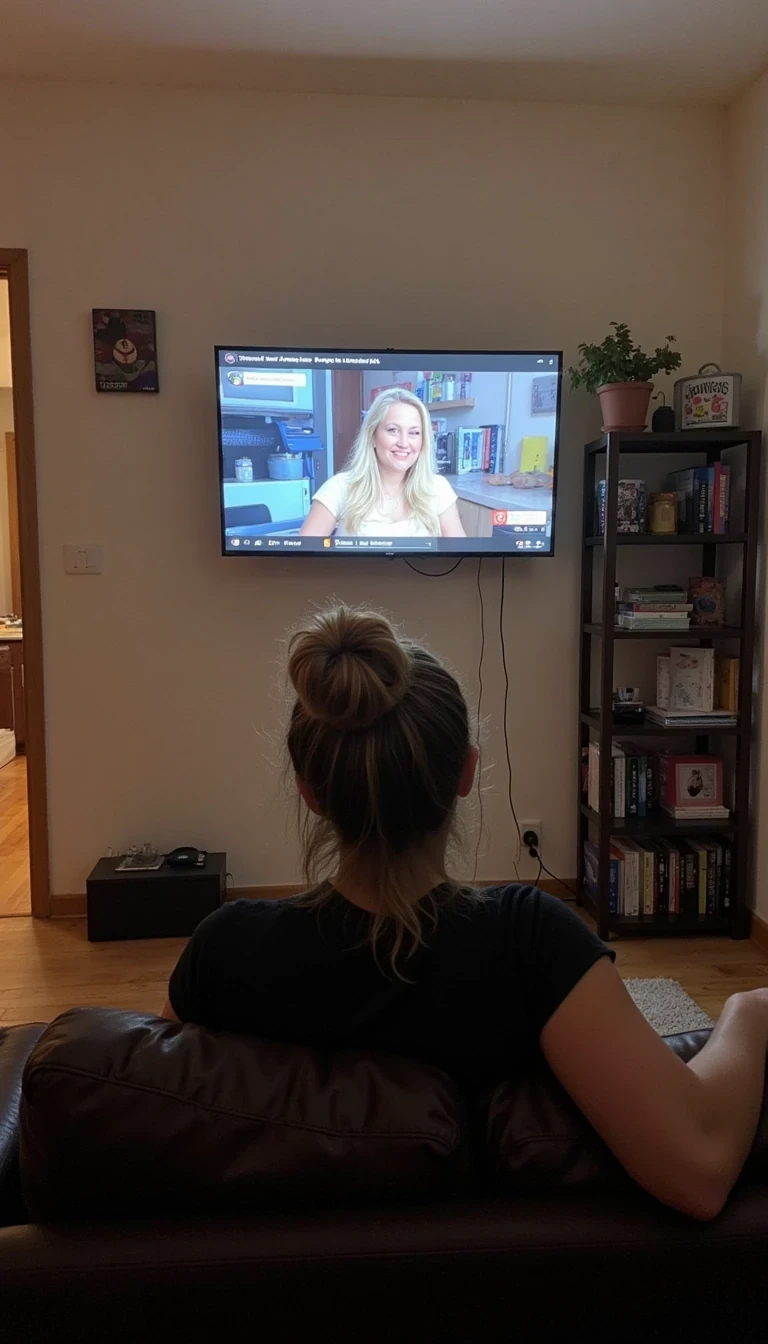 Woman sitting on the couch in the living room. It is in the evening, and the tv is turned on