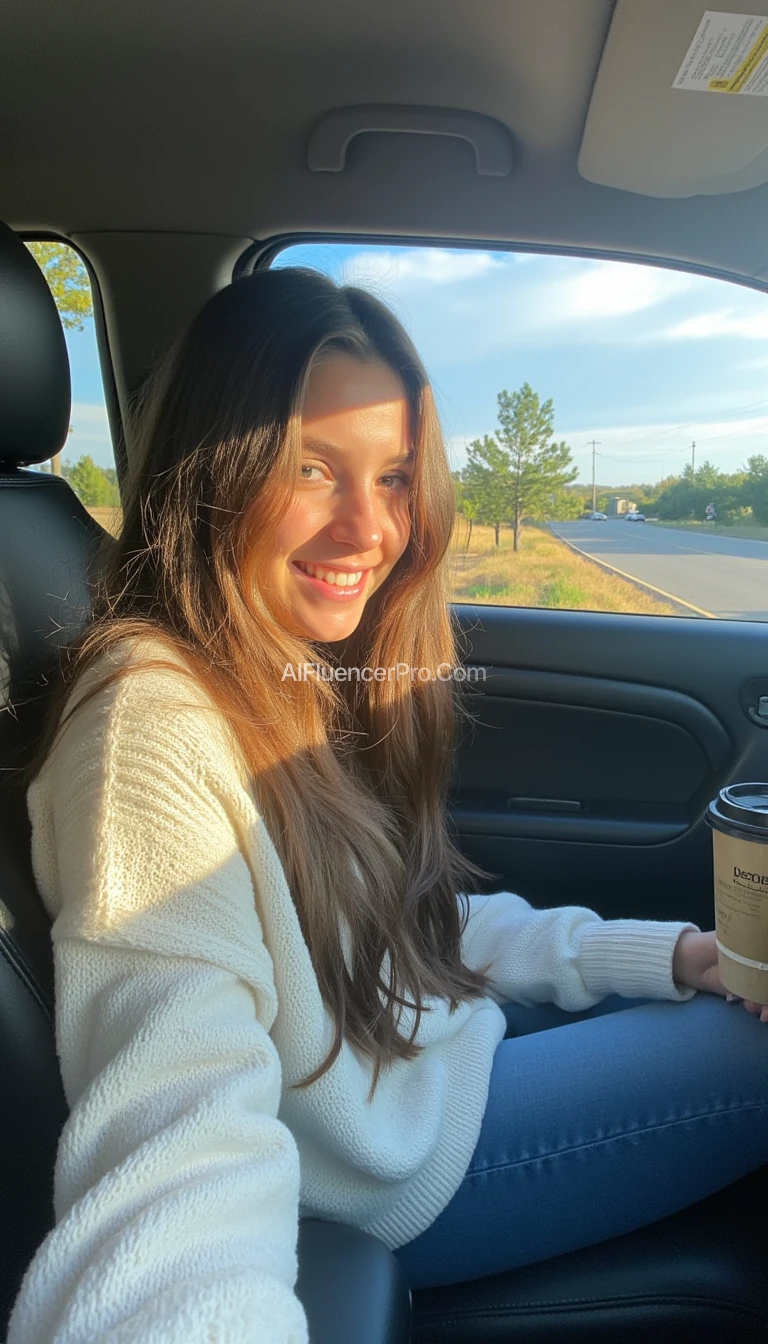 boring low quality snapchat photo circa 2015, A young woman with a warm smile, sitting in the driver's seat of a cozy car. She has soft, wavy brown hair cascading past her shoulders. The sunlight streams through the window, casting a gentle glow on her face. The interior of the car is neat and comfortable, with a coffee cup in the cup holder and a small plant on the dashboard. The background outside the window shows a scenic road lined with trees and blue skies