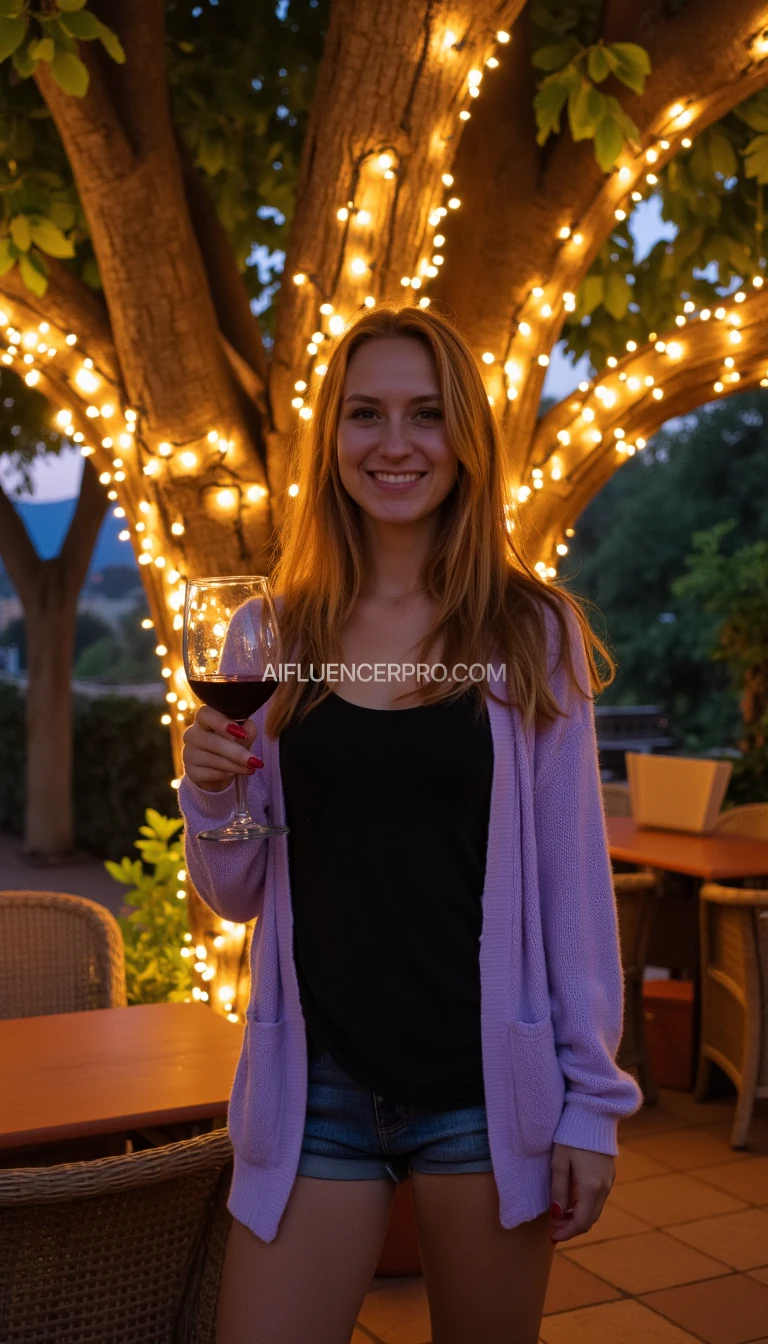 A full body shot photo of a woman standing outdoors at a cozy, warmly lit patio in the evening, with soft, glowing lights wrapped around a tree behind them creating a charming atmosphere. The image is rich in detail, with warm tones and clear textures throughout. The woman has fair skin, a slim build, and long reddish-blonde hair, also worn loose. She is smiling warmly at the camera, holding a glass of red wine in her right hand, and wears a soft-textured lavender cardigan over a black top. The background features a large tree with sparkling string lights wrapped around its trunk and branches, adding a magical touch to the scene. The setting suggests a private outdoor seating area, with elements like terracotta-tiled roofing, greenery, and rattan chairs contributing to a serene, inviting vibe. The overall composition is balanced, with the woman framed against the softly glowing tree, and the lighting enhances the warm, intimate feel of a quiet evening shared among friends. The details are vivid, with textures of clothing, skin, and background elements clearly visible, while the warm lighting creates a relaxed and joyful mood. The woman is wearing nothing, her breasts are slightly saggy and she has a full bush