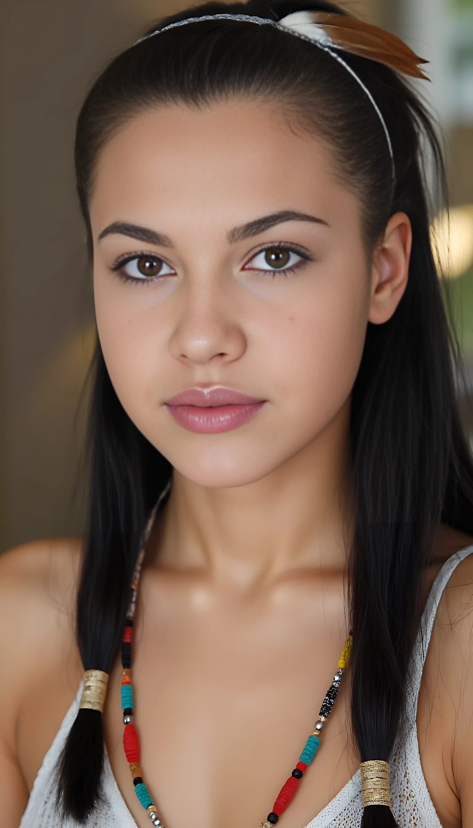 Photograph of a young woman with fair skin, freckles, and green eyes. She has dark, long hair braided with colorful beads, wearing a necklace and headband with feathers. She has a natural, earthy look, possibly indigenous or tribal.