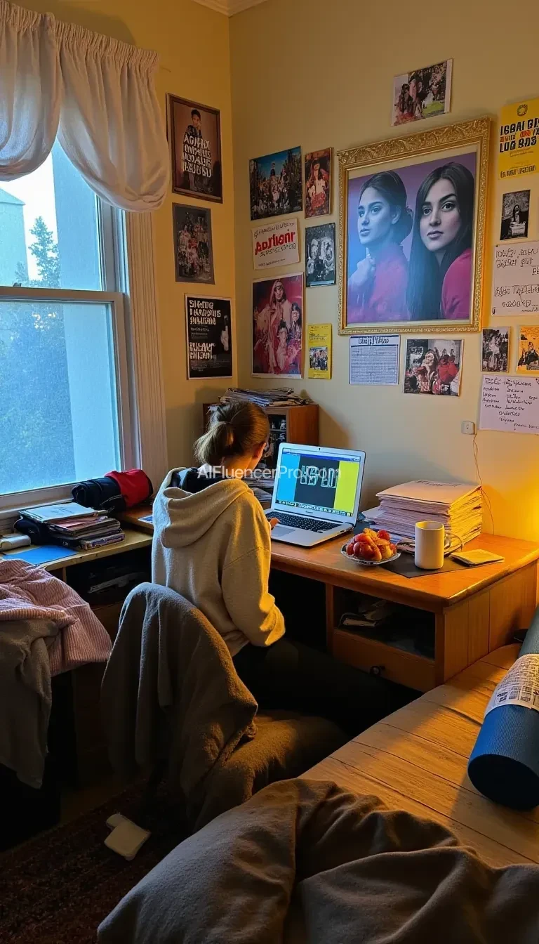 A young college girl named Lily, nestled in the cozy confines of her dorm room. She is seated at a wooden desk cluttered with textbooks, notebooks, and a laptop that emits a soft glow against the backdrop of the room's warm, ambient lighting. The walls are adorned with colorful posters of her favorite bands and motivational quotes, creating a vibrant and personalized study space. To her left, a window with half-drawn curtains allows a sliver of natural light to peek through, revealing a scenic view of the campus quad. Lily is focused intently on her studies, her hair tied back in a loose bun, and a pair of glasses perched on the bridge of her nose. She wears a casual college sweatshirt over a white t-shirt and a comfortable pair of leggings. A steaming cup of coffee and a bowl of fresh fruit provide sustenance and energy within arm's reach. The room is a blend of functionality and comfort, with a single bed layered with plush pillows and a cozy comforter, a small bookshelf brimming with novels, and a yoga mat rolled up in the corner, hinting at her balanced lifestyle. Above the bed, a corkboard displays photos of friends, reminders of upcoming assignments, and a calendar highlighting important dates. The floor is a mix of patterned rugs and scattered papers, adding to the lived-in charm of the space. The overall scene captures the essence of a student's sanctuary, a place where ambition meets relaxation and where the pursuit of knowledge is as natural as breathing.