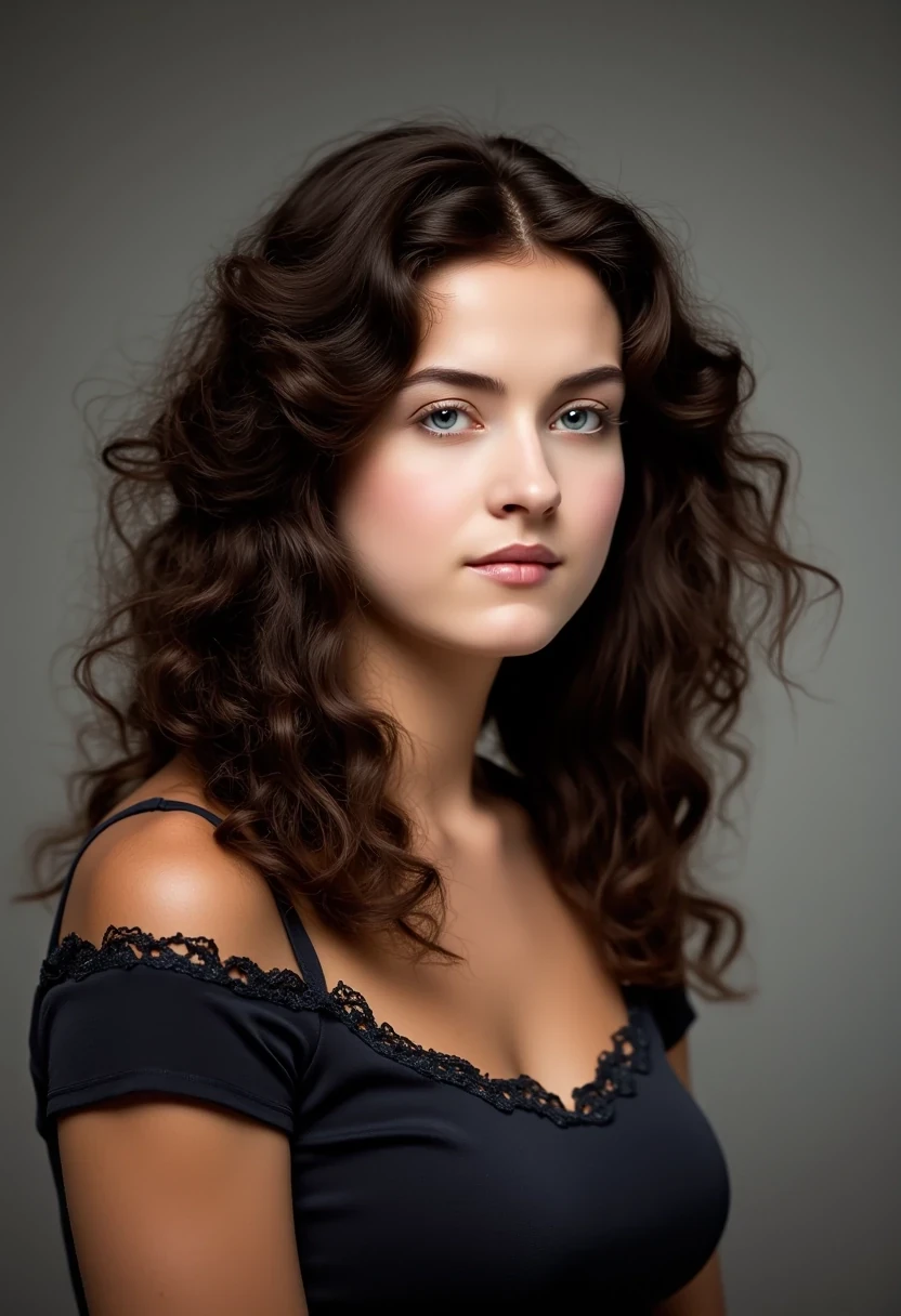 photo of woman CSTMDL, brunette, blue eyes, cold smile, classy clothes