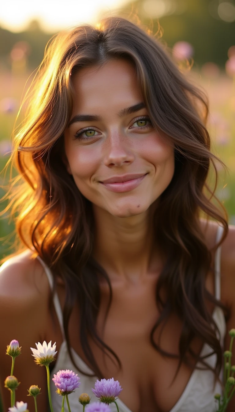 boring low quality snapchat photo circa 2015, A beautiful young woman in her early 20s is captured in a candid photo taken by someone else, outdoors during golden hour. She has a soft heart-shaped face, high cheekbones, and almond-shaped green eyes that sparkle with warmth and presence. Her soft eyeliner and dewy complexion give her a fresh, natural glow. Her full, glossy lips in a rose-pink shade are gently parted or curled into a relaxed smile — the kind that happens when someone catches her mid-laugh or thought.

Her long chocolate brunette hair falls in soft, slightly frizzy waves with subtle highlights, gently tousled by the breeze. A few strands rest across her collarbone or cheek, adding real movement and intimacy. Her lightly tanned skin reflects the golden sunlight beautifully.

She’s standing or sitting among a bed of wildflowers — colors like lavender, pale yellow, soft pinks, and whites — surrounded by gentle greenery and soft, blurred petals in the foreground. The camera frames her from about the chest up or in a relaxed, full-body portrait, as if a friend took the shot while they were walking through the garden.

The lighting is soft and directional from the setting sun, casting warm highlights and creating a dreamy, golden atmosphere. Her expression is open and effortless — like someone just said her name, and she turned with a soft smile.

Use realistic facial features, natural body proportions, glowing ambient light, real floral textures, and authentic framing. Avoid distortion, overly posed angles, or artificial enhancement.