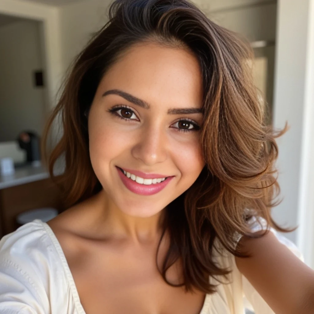 beautiful woman with Latin American features, inspired by the attached reference. She has softly curled chestnut-brown hair, warm glowing skin, and symmetrical facial features with naturally full lips and expressive almond-shaped eyes. She is smiling warmly in a casual, confident way, creating an approachable and radiant energy. She is taking a selfie in natural daylight, possibly in an outdoor or softly lit setting. Her outfit is feminine and stylish — something soft-toned and elegant, like a flowing blouse or dress. The selfie pose is natural and flattering, with one arm raised, holding the camera slightly above eye level. The background is lightly blurred to emphasize her, keeping the tone authentic and realistic — like a candid Instagram shot.

