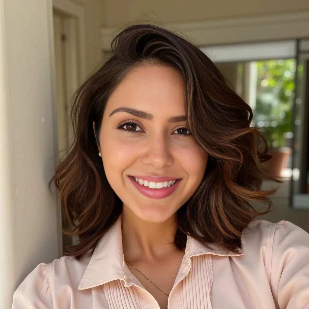 beautiful woman with Latin American features, inspired by the attached reference. She has softly curled chestnut-brown hair, warm glowing skin, and symmetrical facial features with naturally full lips and expressive almond-shaped eyes. She is smiling warmly in a casual, confident way, creating an approachable and radiant energy. She is taking a selfie in natural daylight, possibly in an outdoor or softly lit setting. Her outfit is feminine and stylish — something soft-toned and elegant, like a flowing blouse or dress. The selfie pose is natural and flattering, with one arm raised, holding the camera slightly above eye level. The background is lightly blurred to emphasize her, keeping the tone authentic and realistic — like a candid Instagram shot.

