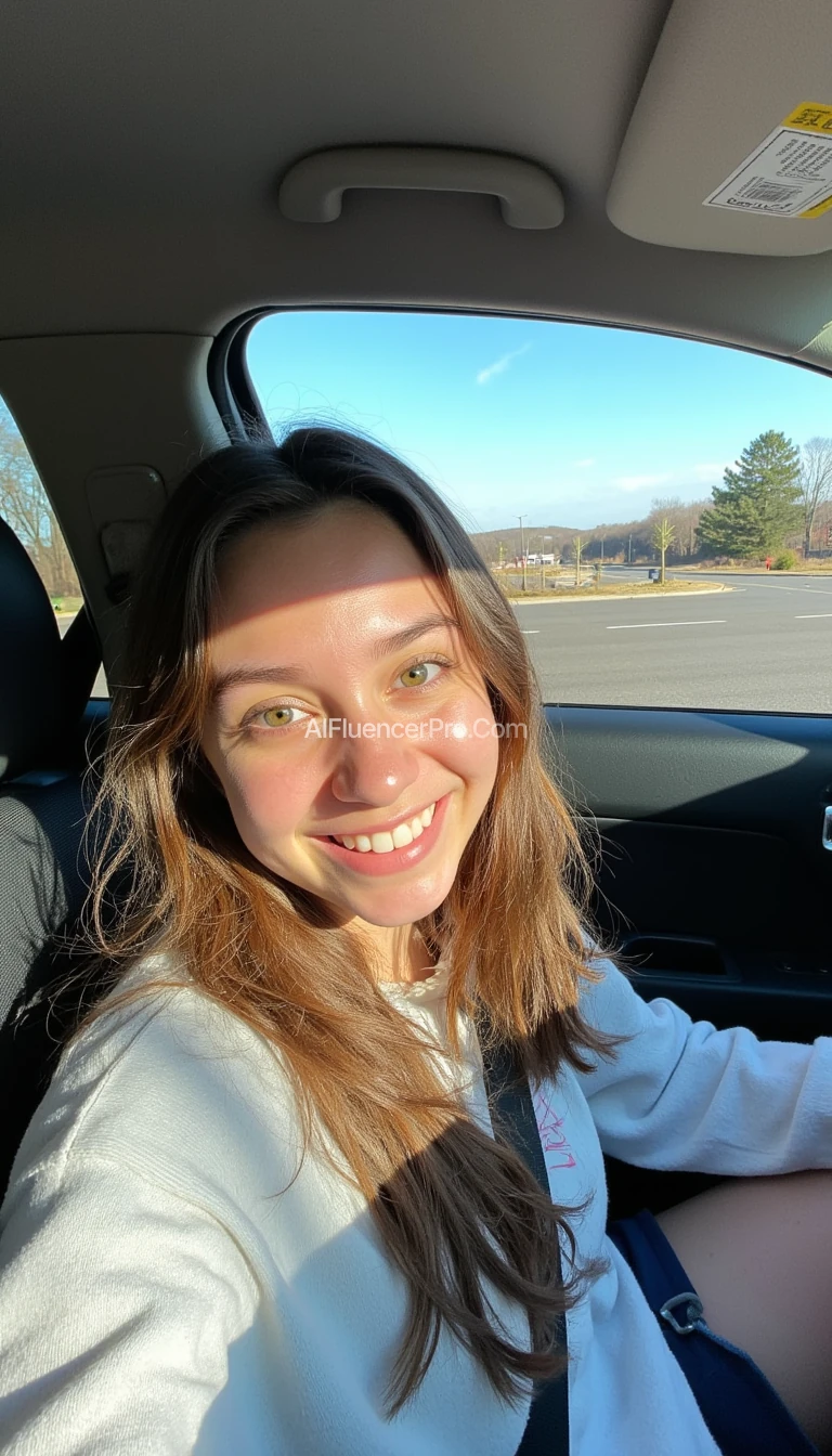boring low quality snapchat photo circa 2015, A young woman with a warm smile, sitting in the driver's seat of a cozy car. She has soft, wavy brown hair cascading past her shoulders. The sunlight streams through the window, casting a gentle glow on her face. The interior of the car is neat and comfortable, with a coffee cup in the cup holder and a small plant on the dashboard. The background outside the window shows a scenic road lined with trees and blue skies