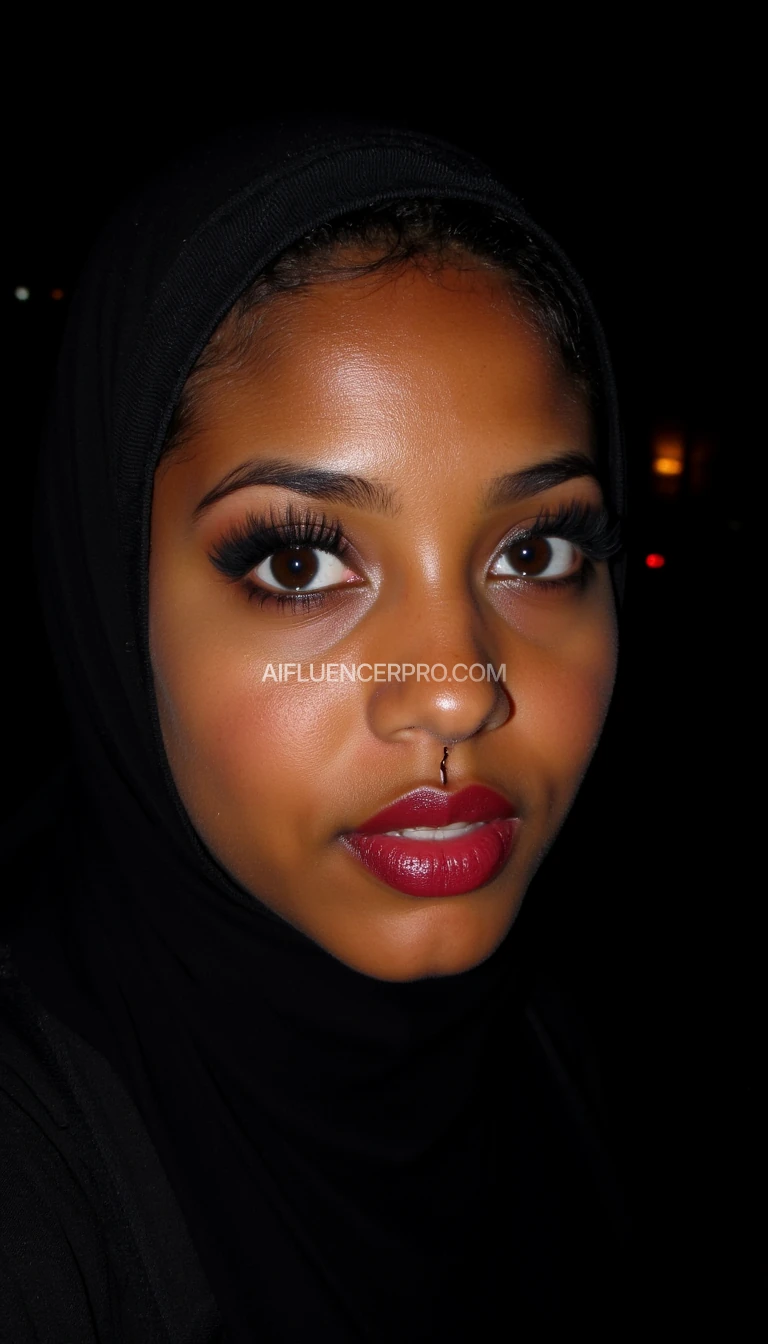somali teen weaing fake eyelashes, black tight hijab, juicy wet lip gloss, black eyeshadow, black mascarra, big forehead, arab nose. nightclub,