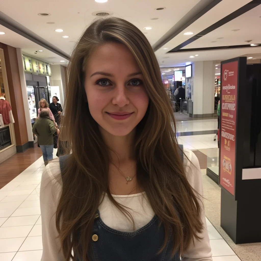 boring low quality snapchat photo circa 2015, average looking woman, full outfit, standing, soft light brown hair, mall background