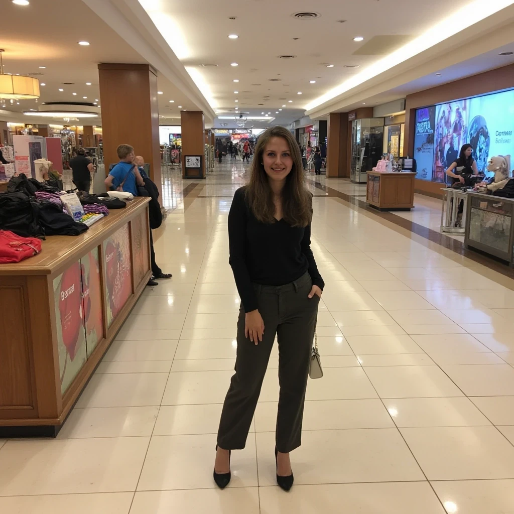 boring low quality snapchat photo circa 2015, average looking woman, full outfit, standing, soft light brown hair, mall background