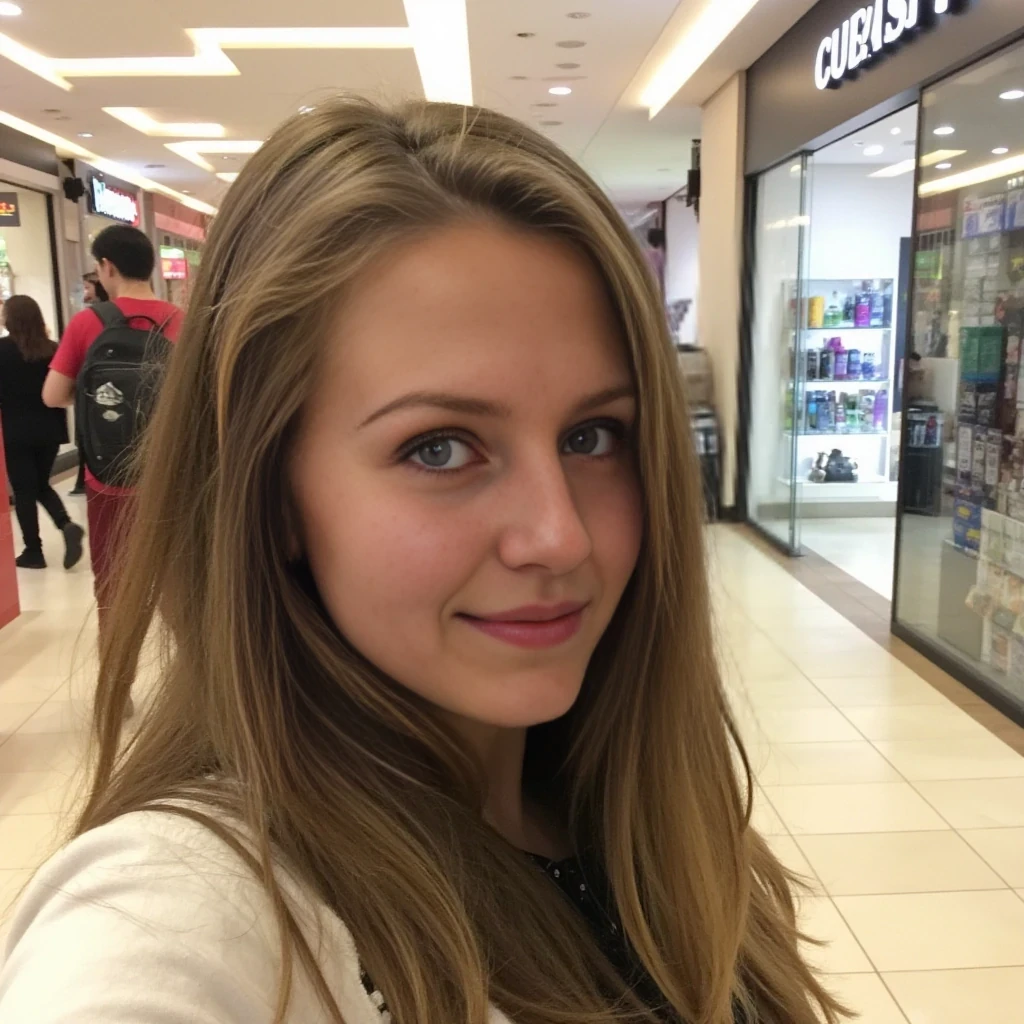 boring low quality snapchat photo circa 2015, average looking woman, full outfit, standing, soft light brown hair, mall background