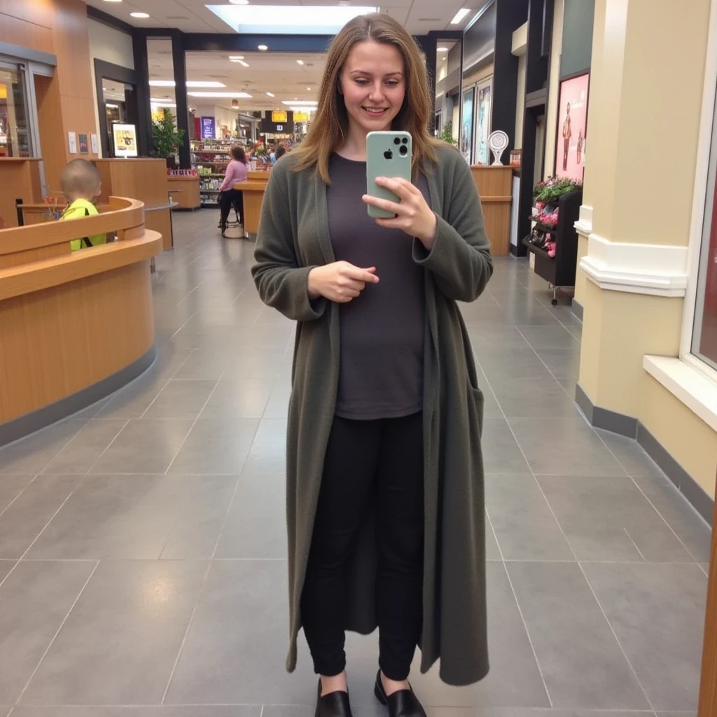 boring low quality snapchat photo circa 2015, average looking woman, full outfit, standing, soft light brown hair, mall background
