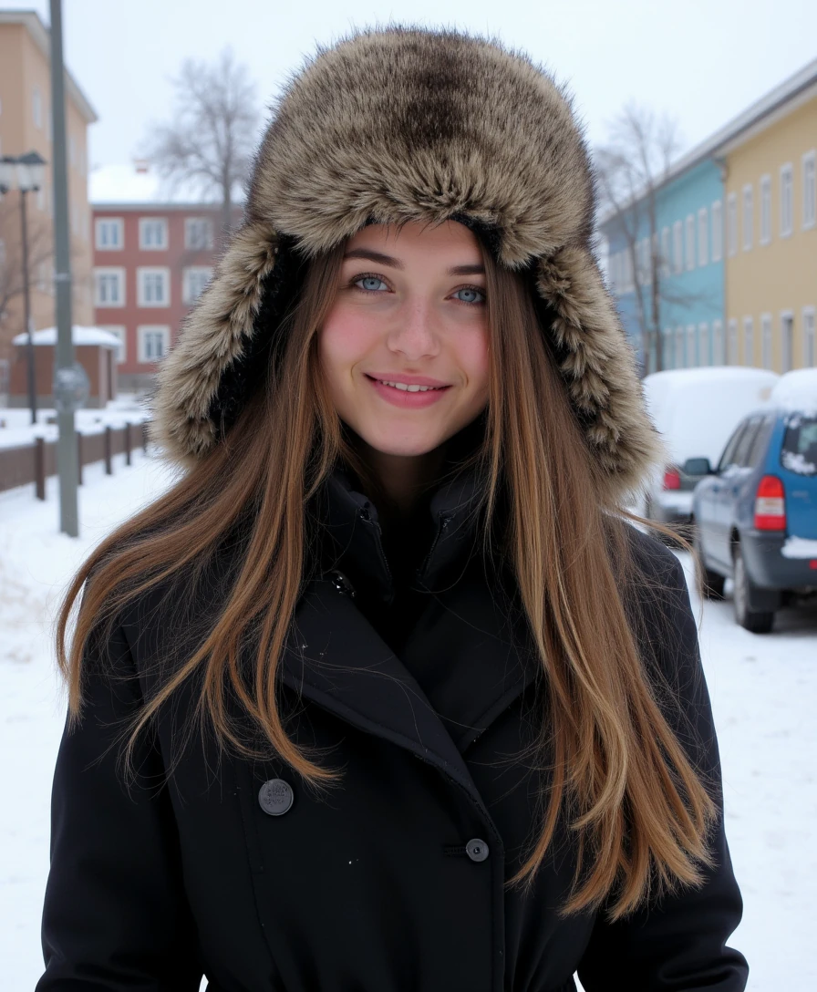 create an ultra-realistic full body image of a 19 year old Serbian woman. She stands at 5'9", embodying the epitome of allure and charm with her sharp Slavic facial features. her skin is tan and sunkissed . Her captivating blue eyes and long, ashy brown hair enhance her mesmerizing presence. she is dressed in a black winter dress, standing outside of a beautiful street covered in snow in moscow, russia in the winter. her expression is one of smiling. she seems to be cold. she has a big winter fur hat on as well. Focus on extreme realism, especially in her facial details. capture her entire body. 