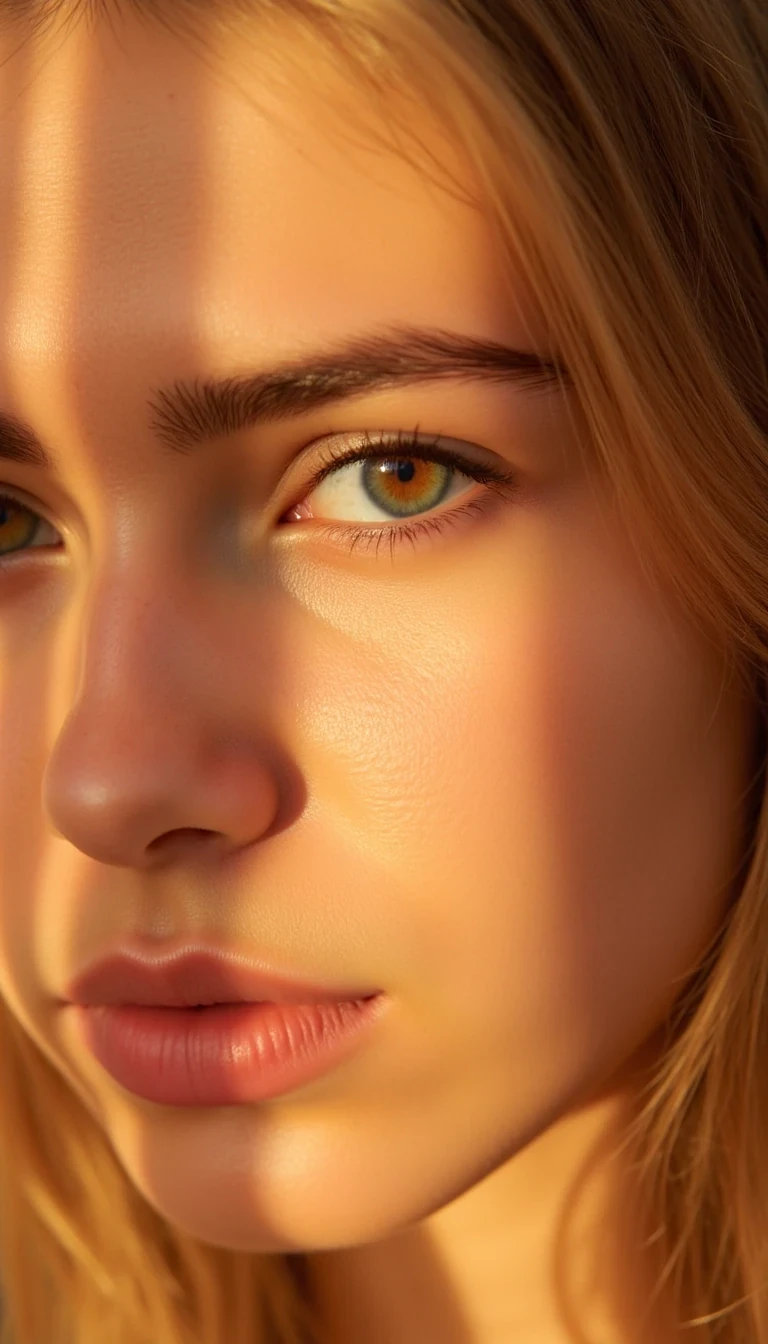 CSTMDL Ultra close-up portrait of Blondivas face in golden hour lighting, focused on the eye and cheekbone. Skin is dewy, radiant, and glowing with natural highlights. Soft shadows play across the face. One strand of hair softly falls across the forehead. Eye is sharp, luminous, and expressive. Cinematic soft focus, high-resolution detail, natural makeup, warm tones. Blondiva is looking  up directly at the camera above her head. She has ice blue eyes which are being hit with sunlight