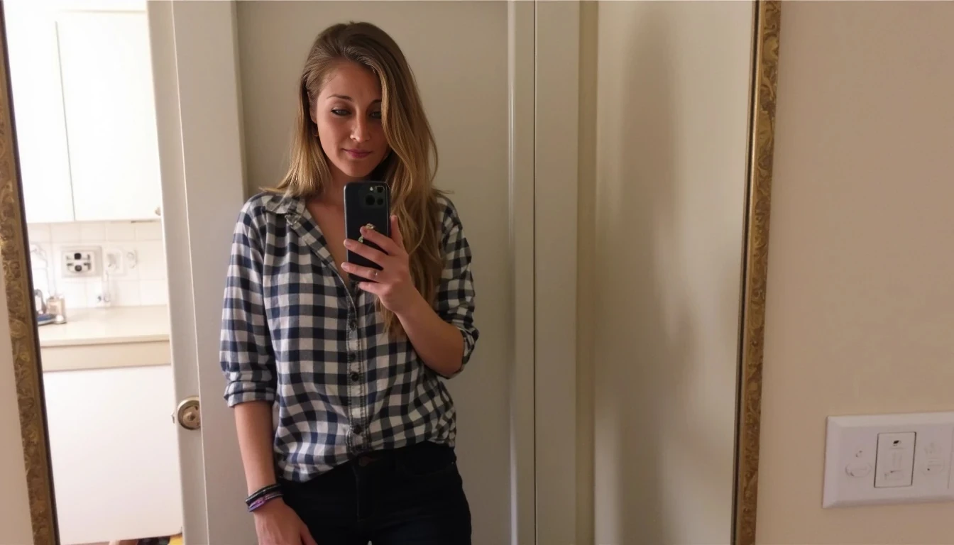 boring low quality snapchat photo circa 2015, cute woman, full outfit