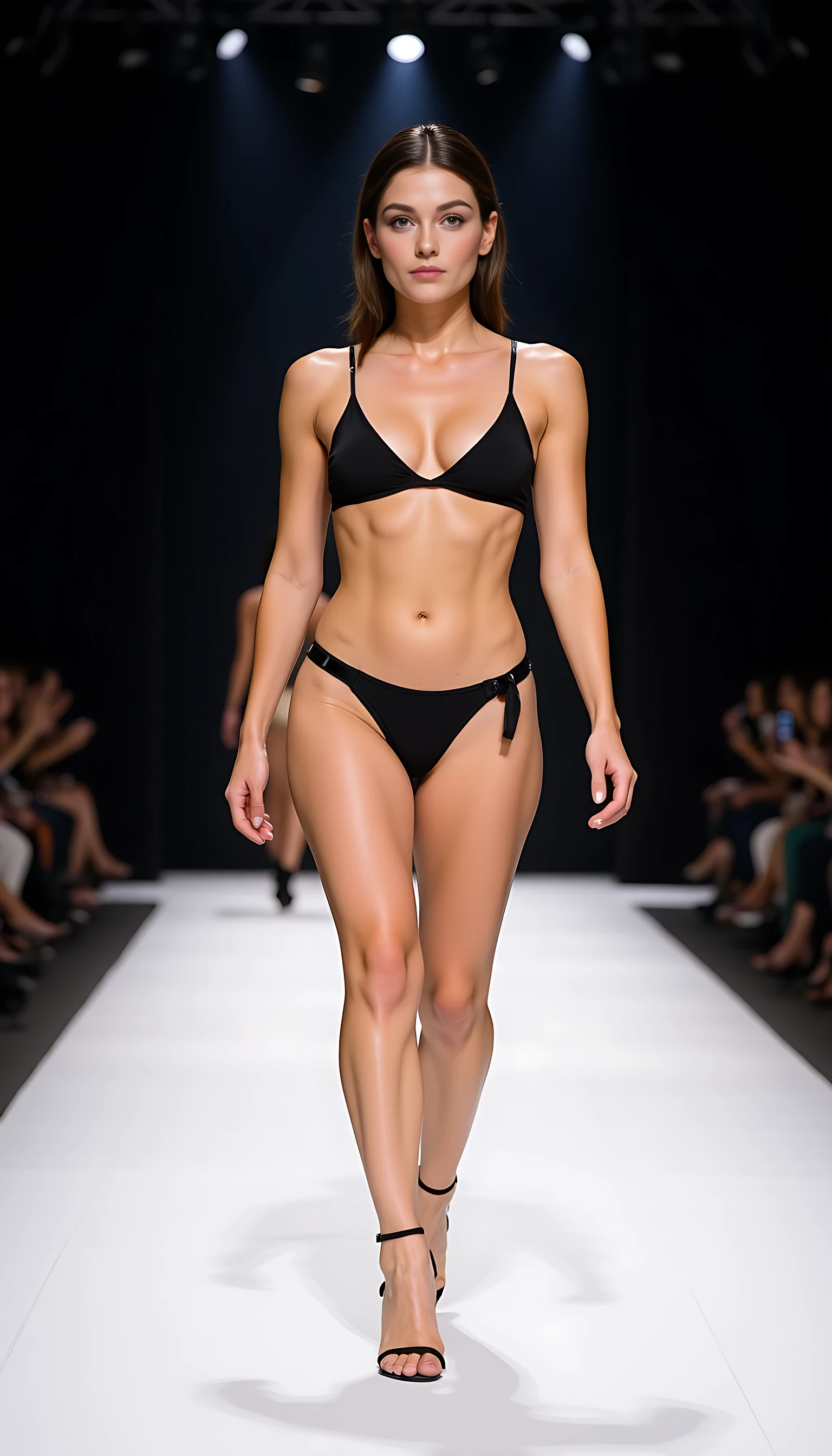 A high-resolution, full-body image of Hailey strutting down a sleek, modern runway during an upscale fashion show. She fully nude except for black tape in an "X" covering nipples, black tape covering vagina. Her makeup is runway glam: defined cheekbones, smoky eyes, and a nude gloss lip. Her chestnut-brown hair is styled in a sleek ponytail or wet look waves.

The runway is lit dramatically with spotlights above, and rows of blurred photographers and audience members line the sides. Hailey walks confidently, gaze forward, posture strong, arms swinging slightly at her sides. The energy is powerful, poised, and unapologetically fierce — she’s the main event.