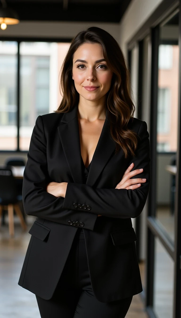 Full body portrait, standing in co-working space with arms crossed, wearing a fitted black dress, modern lighting, CSTMDL woman