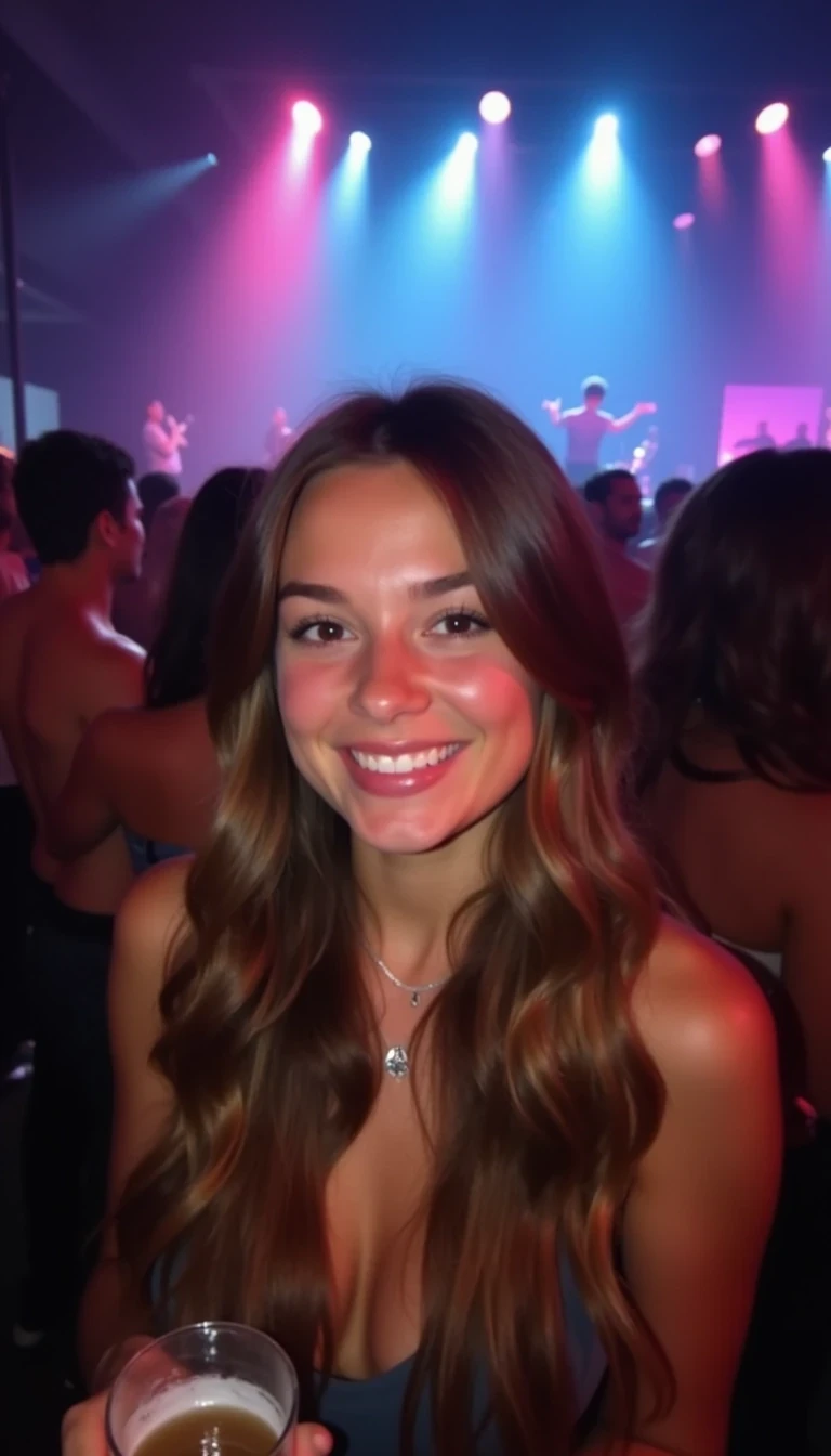A low-quality Snapchat-style photo from around 2015, capturing a young woman with a warm smile in the middle of a concert crowd. She has soft, wavy brown hair cascading past her shoulders, illuminated by colorful stage lights that cast a gentle glow on her face. The energy around her is lively, with people dancing and enjoying the music. In her hand, she holds a drink, and the blurred background shows a stage with vibrant lights and a faint silhouette of musicians performing. The atmosphere is exciting and energetic, capturing the casual, spontaneous vibe of a concert.