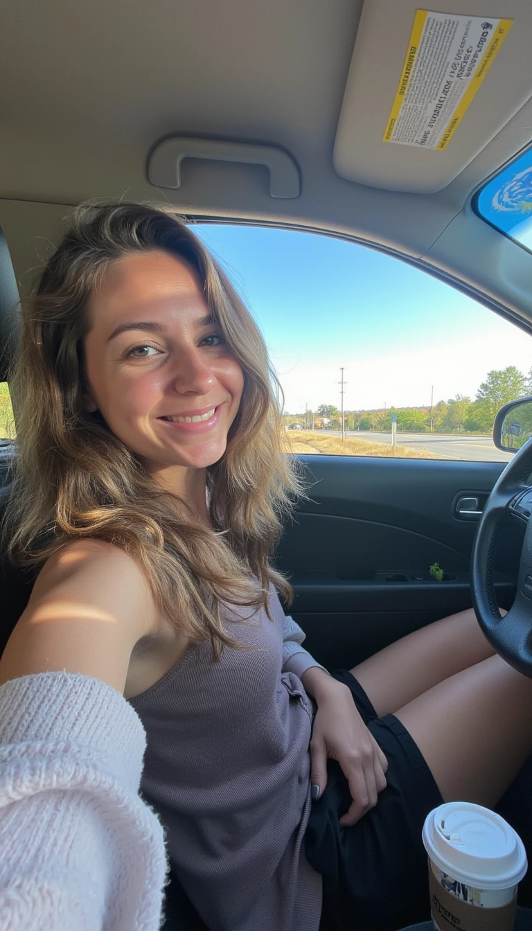 boring low quality snapchat photo circa 2015, A young woman with a warm smile, sitting in the driver's seat of a cozy car. She has soft, wavy brown hair cascading past her shoulders. The sunlight streams through the window, casting a gentle glow on her face. The interior of the car is neat and comfortable, with a coffee cup in the cup holder and a small plant on the dashboard. The background outside the window shows a scenic road lined with trees and blue skies