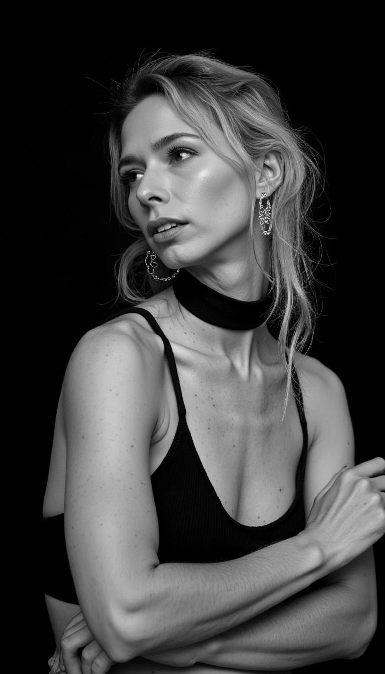 This is a black and white photograph of a young CSTMDL with fair skin and long, wavy blonde hair. She has a delicate, symmetrical face with high cheekbones and a slender neck. Her hair is pulled back, with some strands framing her face, creating a soft, ethereal look. She is wearing large, intricate, gold hoop earrings that dangle down to her shoulders. The woman is dressed in a simple, high-necked top, which is slightly transparent, allowing a glimpse of her skin beneath. The background is a solid, dark black, making her features and the details of her outfit stand out starkly. The lighting is soft and diffused, casting subtle shadows that highlight the contours of her face and the texture of her hair. The overall mood of the image is introspective and serene, emphasizing the subject's calm and thoughtful expression. The photograph captures a moment of quiet contemplation, with the subject gazing slightly to the right. The monochromatic color scheme adds a timeless and classic quality to the image.