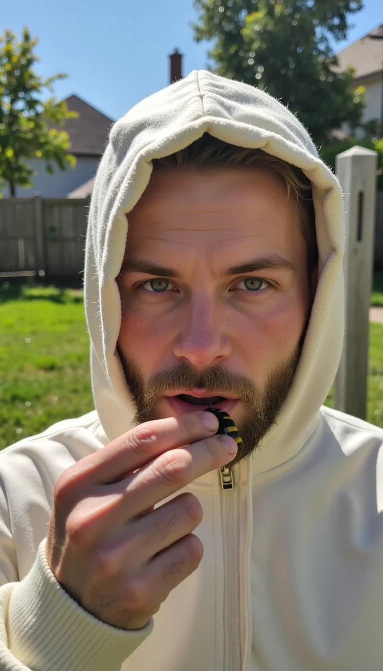 Samuel is outside in the garden. You can clearing see him kissing bees on the mouth. Thousands of bees

