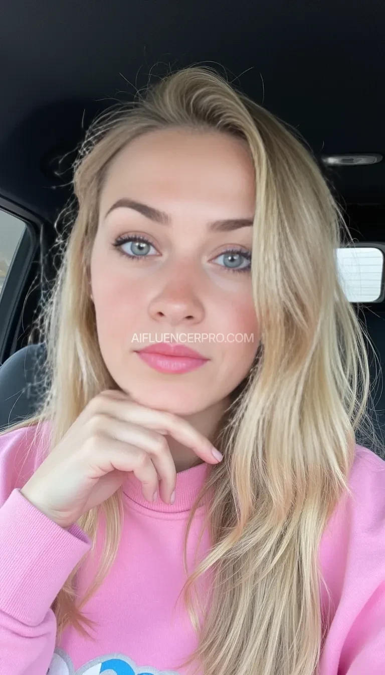 A young woman with long blond hair is seated inside a car. She wears a pink sweatshirt and has a neutral expression. Her hand is gently positioned under her chin, showcasing a subtle nose ring. The interior of the car is visible, with a seat and window in the background, creating a casual, everyday setting.
She is full naked and shows her boobs